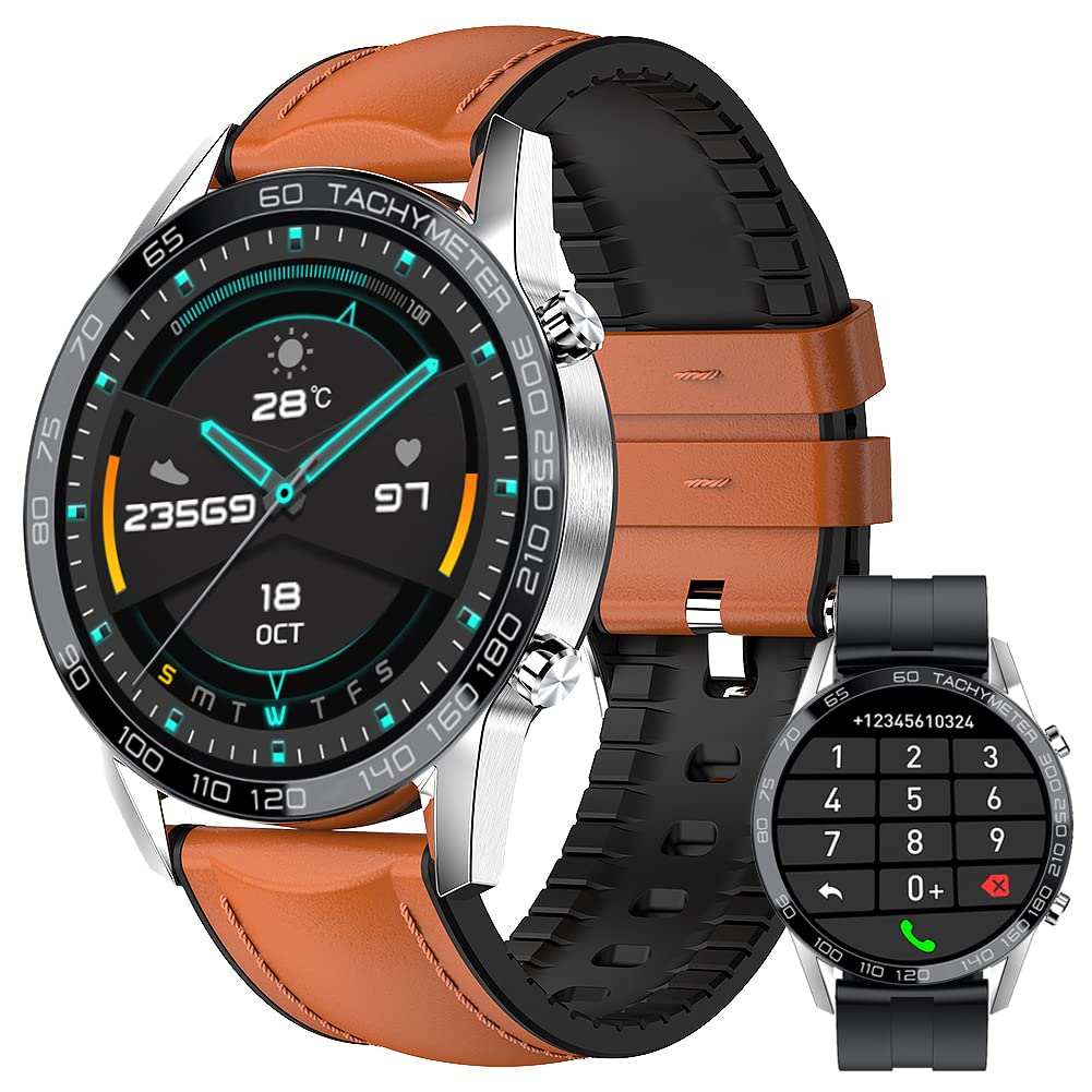 Filiekeu Leather Men Smart Watch For Android Ios, Bluetooth Calls Voice Chat With Heart Rate Fitness Tracker, 1.3 '' Full Touch 