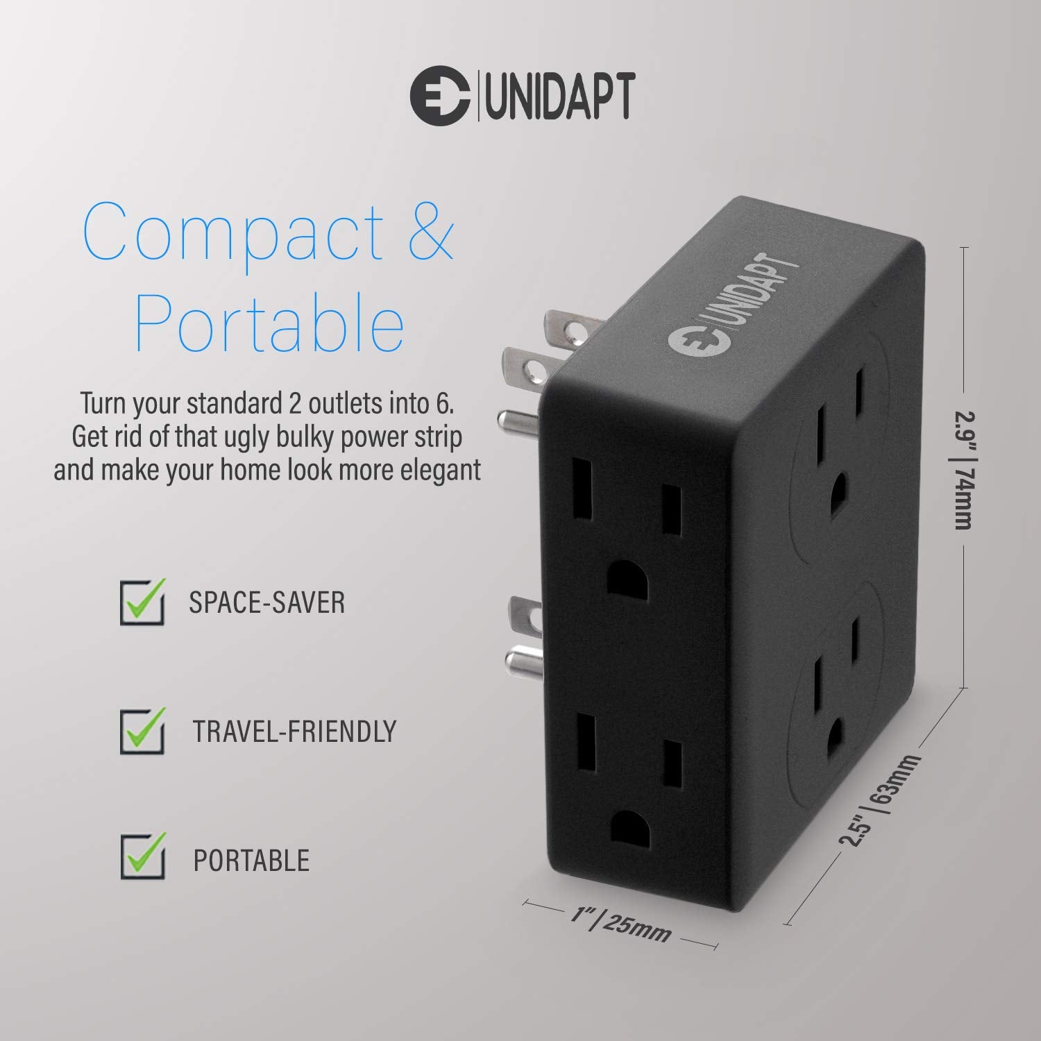 Multi Plug Outlet Splitter, Unidapt Multiple Outlets Extender Adapter With 6 Ac Sockets, Side Splitter Box, Wall Tap Power Plug