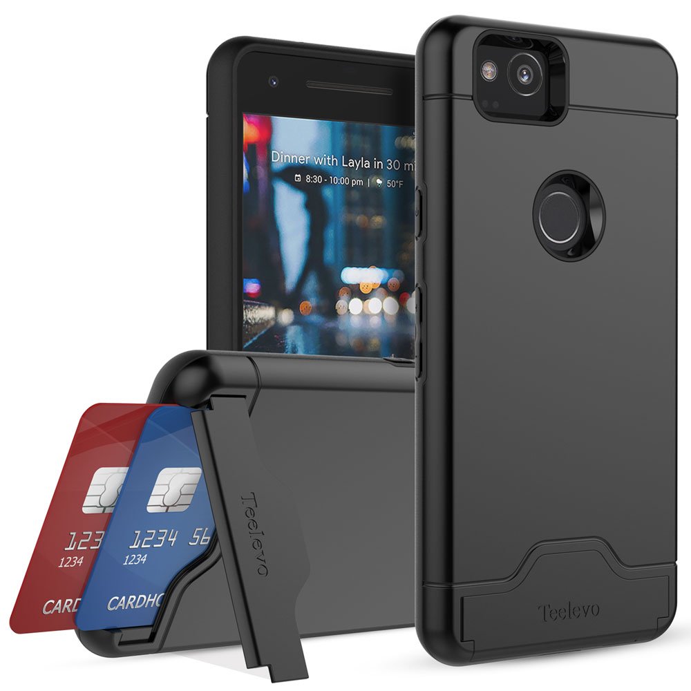 Teelevo Wallet Case For Google Pixel 2, Dual Layer Case With Card Slot Holder And Kickstand For Google Pixel 2   Black