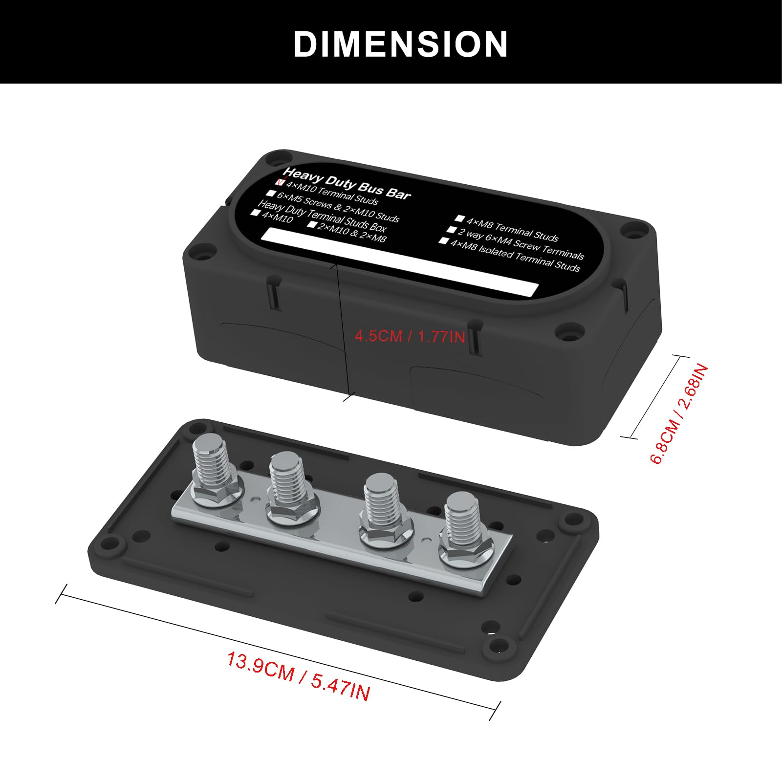 Uckasayfy Heavy Duty Bus Bar 300A 12V Power Distribution Block With 3/8'' (M10) 4 Posts Terminals Block With Cover For Automotiv
