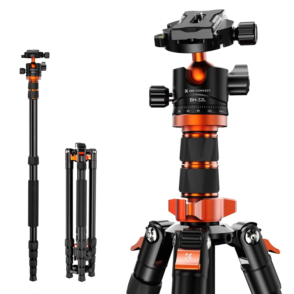 K&F Concept 78 Inch/198Cm Camera Tripod,3 Sections Central Axis Travel Tripod With 32Mm Metal Ball Head Load Capacity 26.4 Lbs/12Kg For Dslr Cameras Indoor Outdoor Use