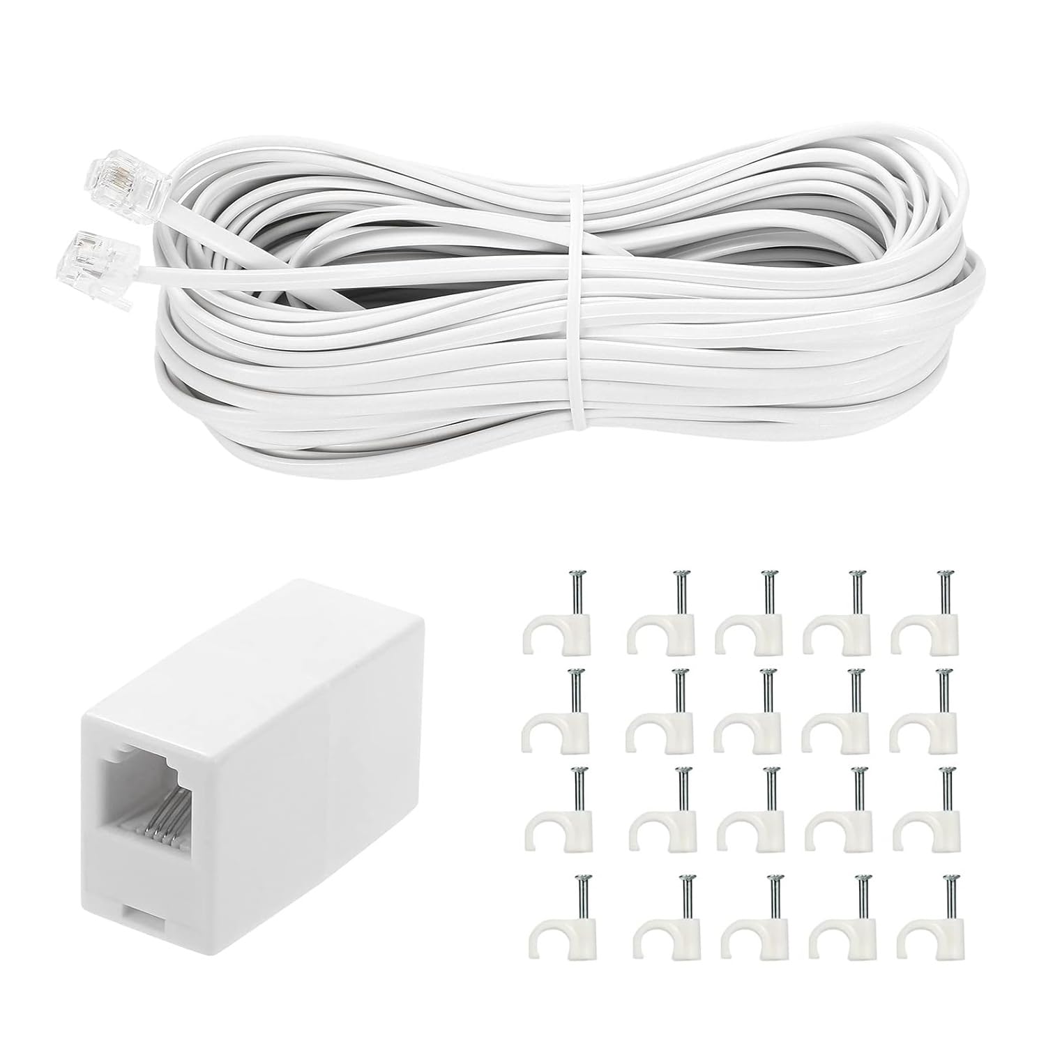 Vthahaby 50 Feet Long Telephone Extension Cord Phone Cable Line Wire, With Standard Rj11 Plug And 1 In Line Couplers And 15 Cable Clip Holders White (White 15M)