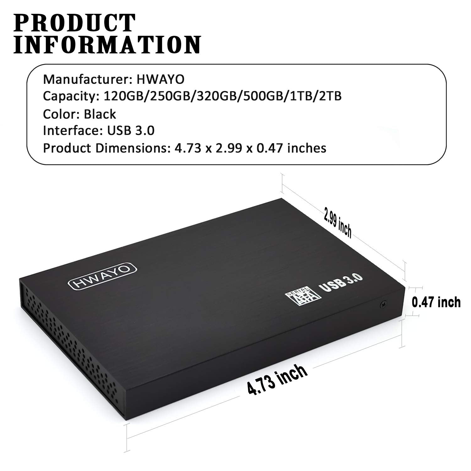 Hwayo 160Gb Ultra Slim Portable External Hard Drive Usb3.0 2.5'' Hdd Storage For Pc, Desktop, Laptop, Macbook, Chromebook (Black)