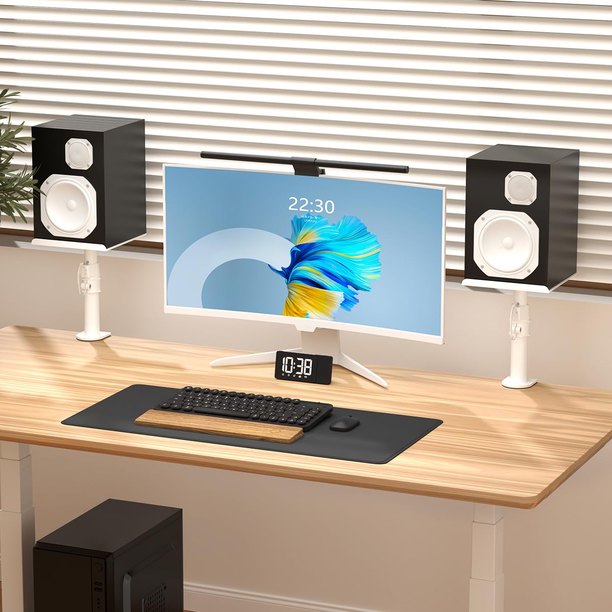 Suptek Clamp On Speaker Stand Desk Mount Set, Height Adjustment, Tilt, Swivel, 9.6 X 8.8 Inch Trays, Universal Audio Holders For