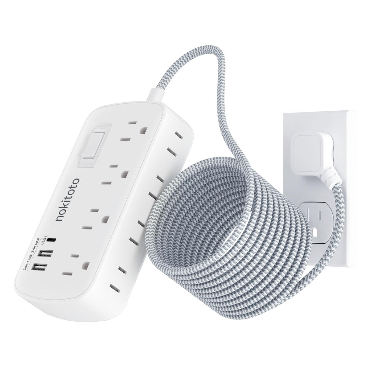 Flat Extension Cord 15 Ft Multiple Outlets- Surge Protector Power Strip 8 Ac Outlets 3 Usb (5V/3.4A 17W) 1080 Joules Long Braide