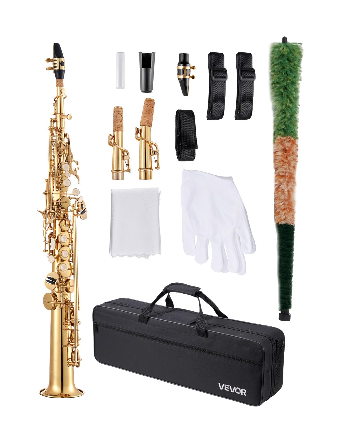 VEVOR Straight Soprano Saxophone, B Flat, Brass Saxophone Beginner Kit with Carrying Case, Mouthpiece, Cleaning Cloth Rod, Glove