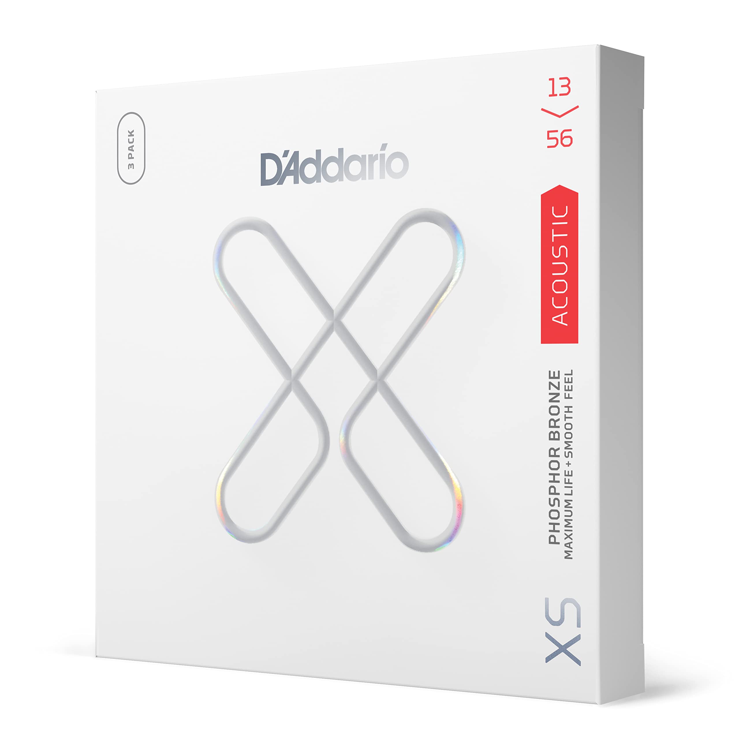 DAddario Acoustic Guitar Strings, XS Phosphor Bronze Coated, XSAPB1356-3P, Medium Gauge 13-56, 6-String Set, Pack of 3