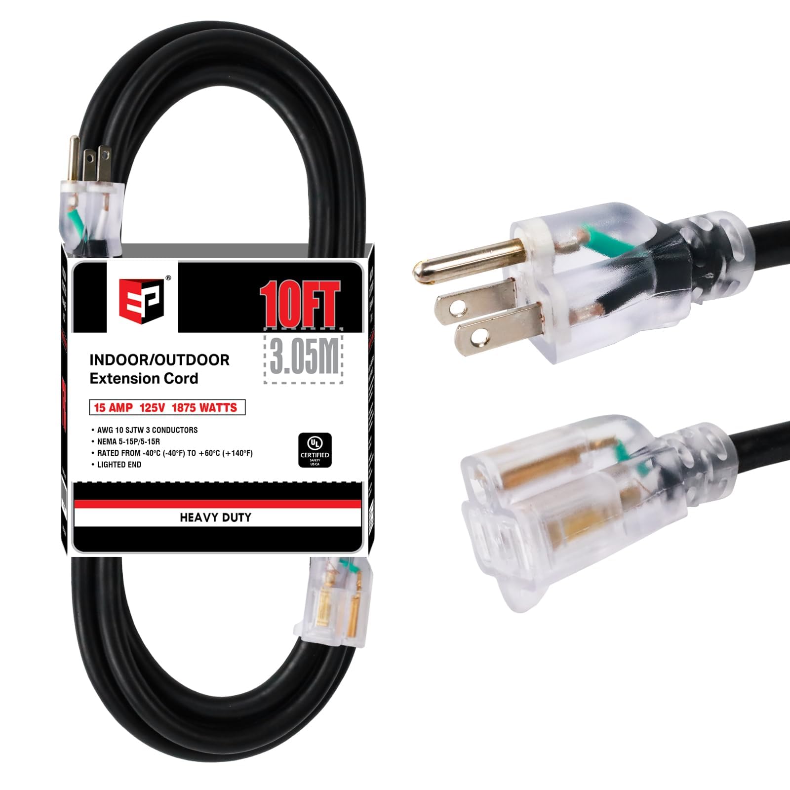 Ep 10 Ft Lighted Outdoor Extension Cord   10/3 Sjtw Heavy Duty Black Extension Cable With 3 Prong Grounded Plug For Safety, Ul L