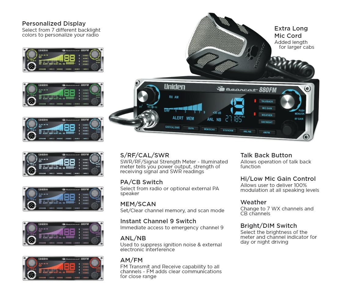 Uniden Bearcat 880Fm Cb Radio, 40 Channels With Dual-Mode Am/Fm, Large Easy-To-Read Backlit 7-Color Lcd Display, Backlit Knobs/B,WBAUVB0C8QDQMKK
