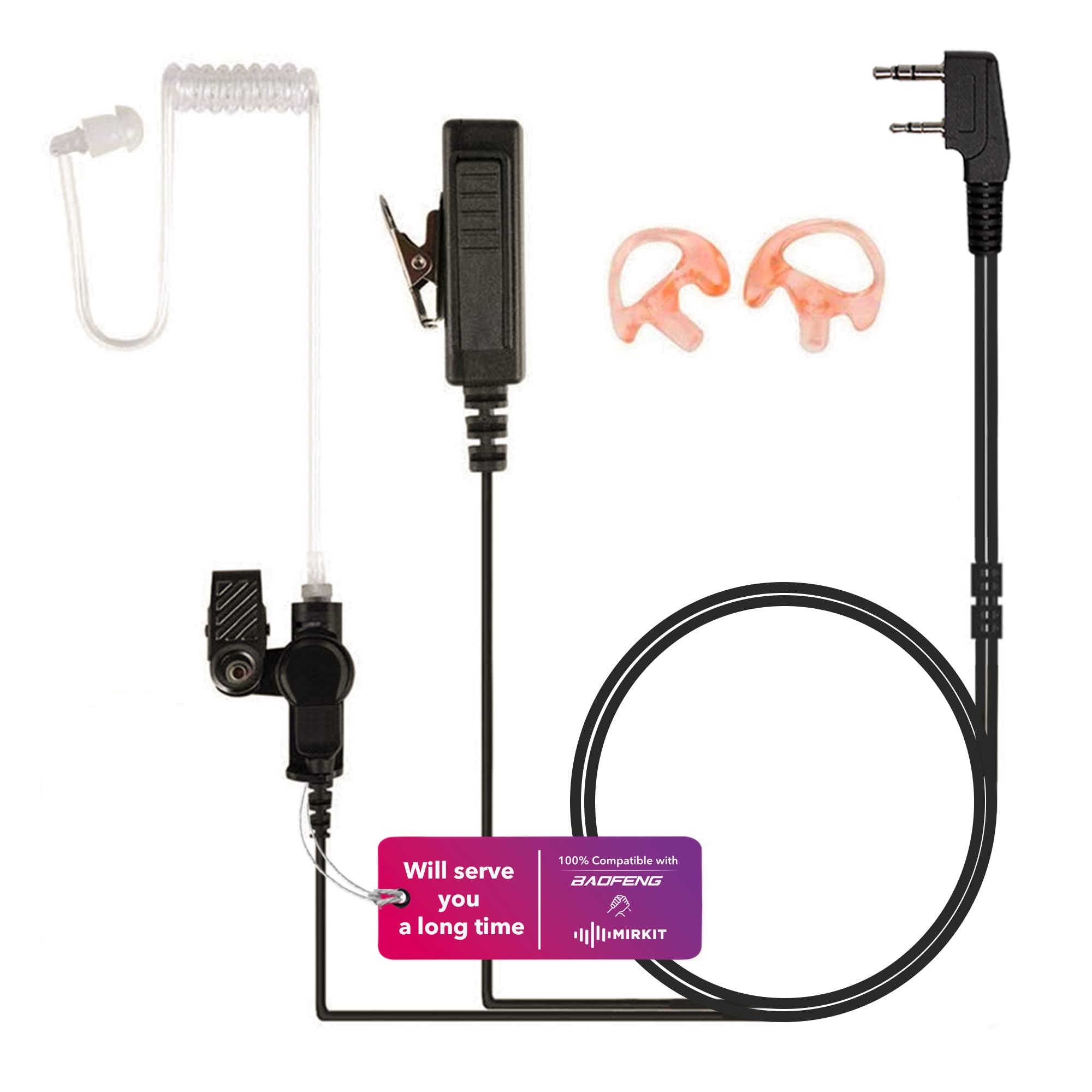 Mirkit Heavy Duty Earpiece Headset Mic With K2 Pin Compatible With Baofeng Bf F8Hp, Uv 82L, Uv 5R, Bf F8Hp, Uv 5R Mk 3/4/5, Uv 82 Mk 3/4/5. Acoustic Tube Earpiece With Push To Talk Microphone