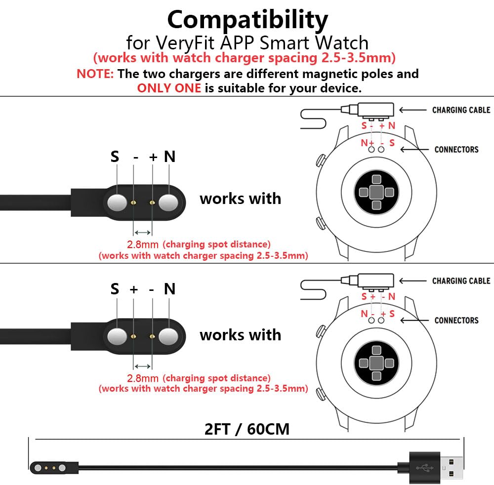 2 Pin Chargers For Veryfit Smart Watch Cord, 2-Pack [Model A + Model B, Only One Fit] 2.8Mm Magnetic Usb Charging Cable For Smar
