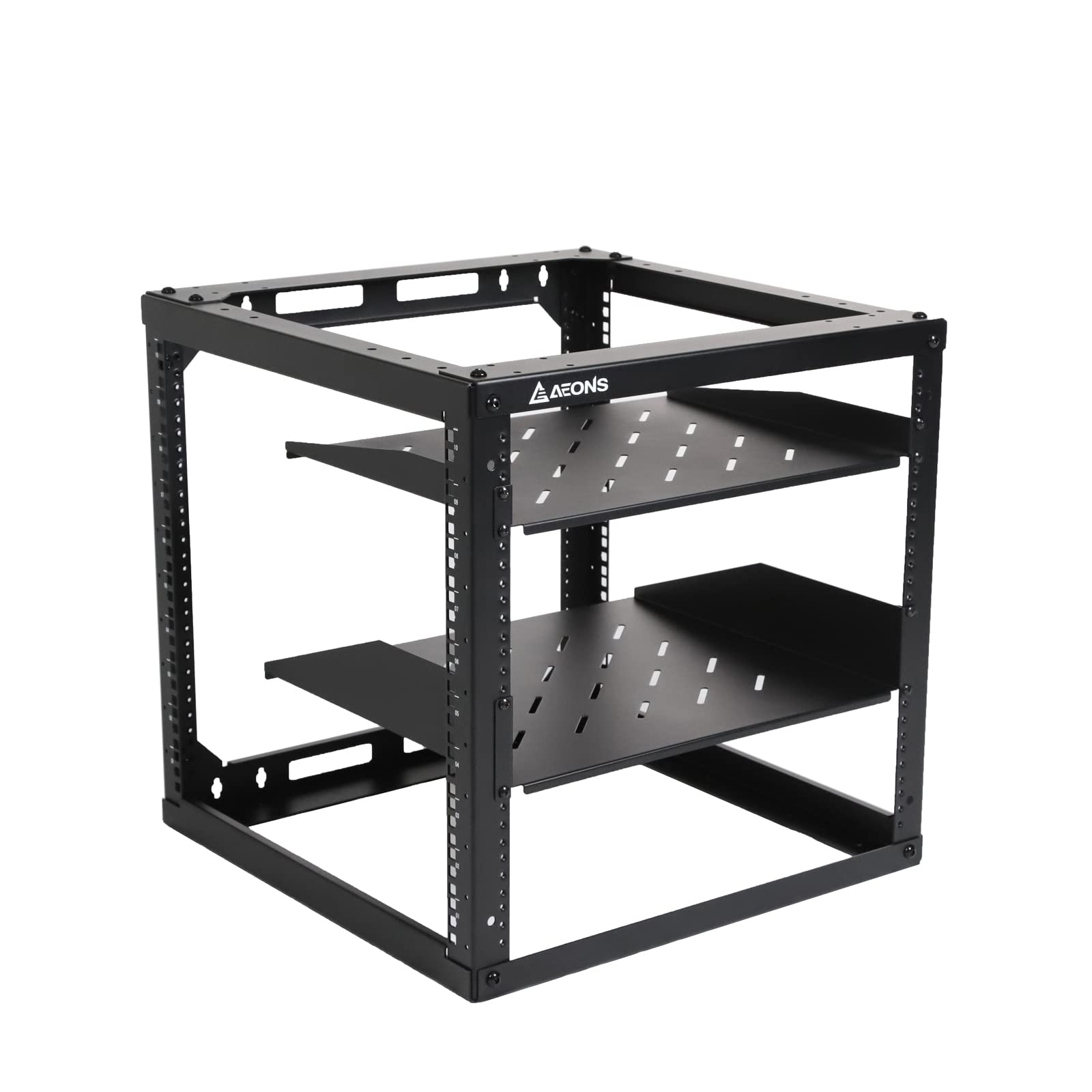 Aeons 10U Open Frame Network Server Rack 19 Inch 4 Post Av Rack With Casters For Floor Standing And Wall Mount, Side Load For Extra Depth� Complete Kit With 1U And 2U Vented Shelves, Black
