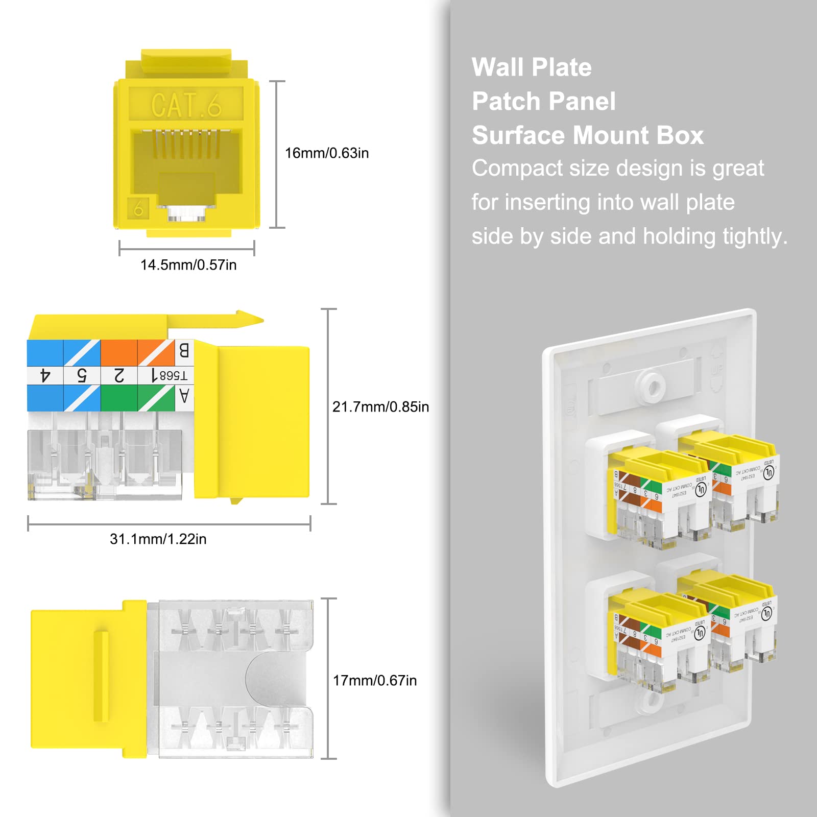 VCELINK RJ45 Cat6 Keystone Jacks Slim Profile 90-Degree UL-Listed 10-Pack Yellow