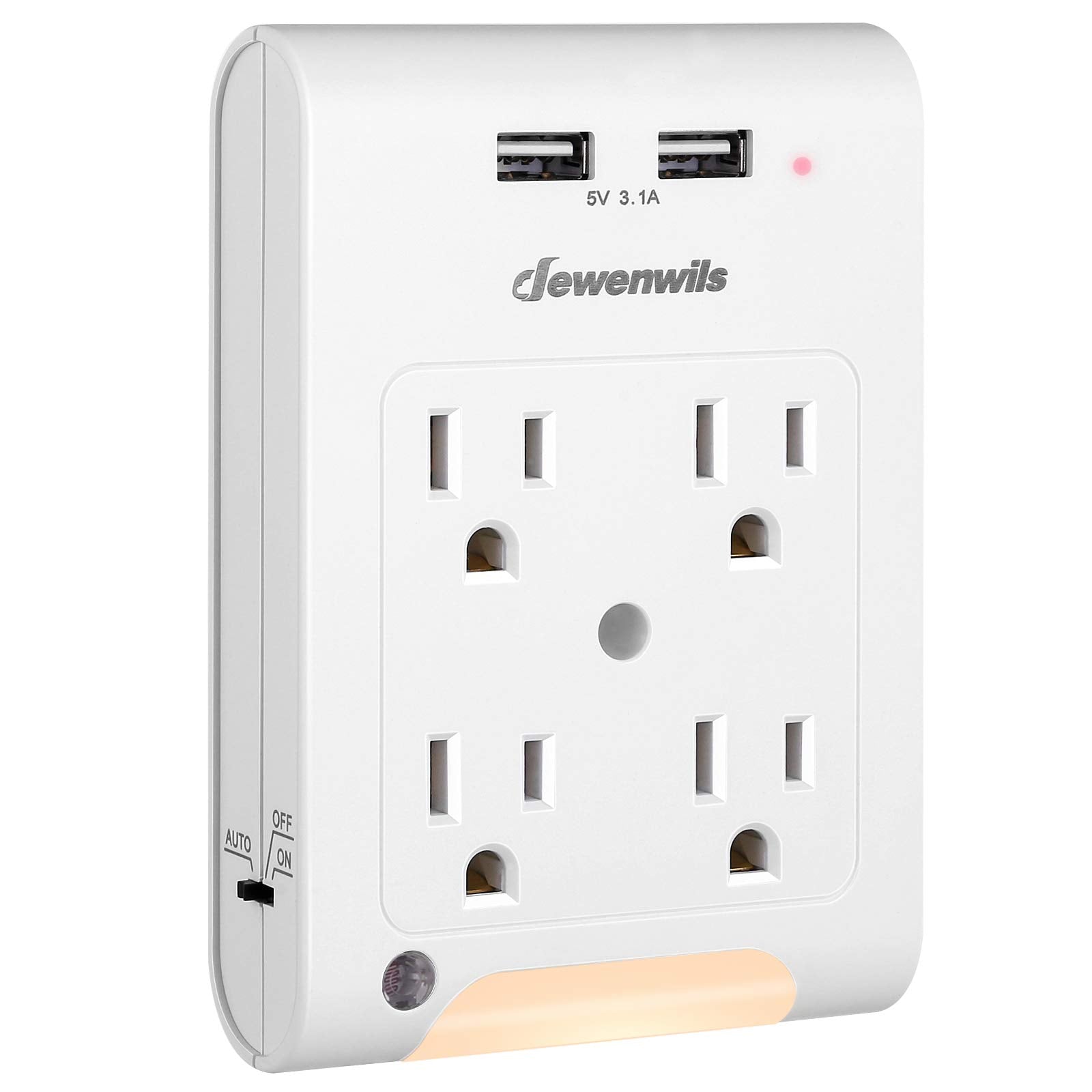 Dewenwils 4 Outlet Extender, Wall Outlet Adapter With 2 Usb Ports(3.1A Total), Light Sensor Night Light, 1080 Joules Surge Prote