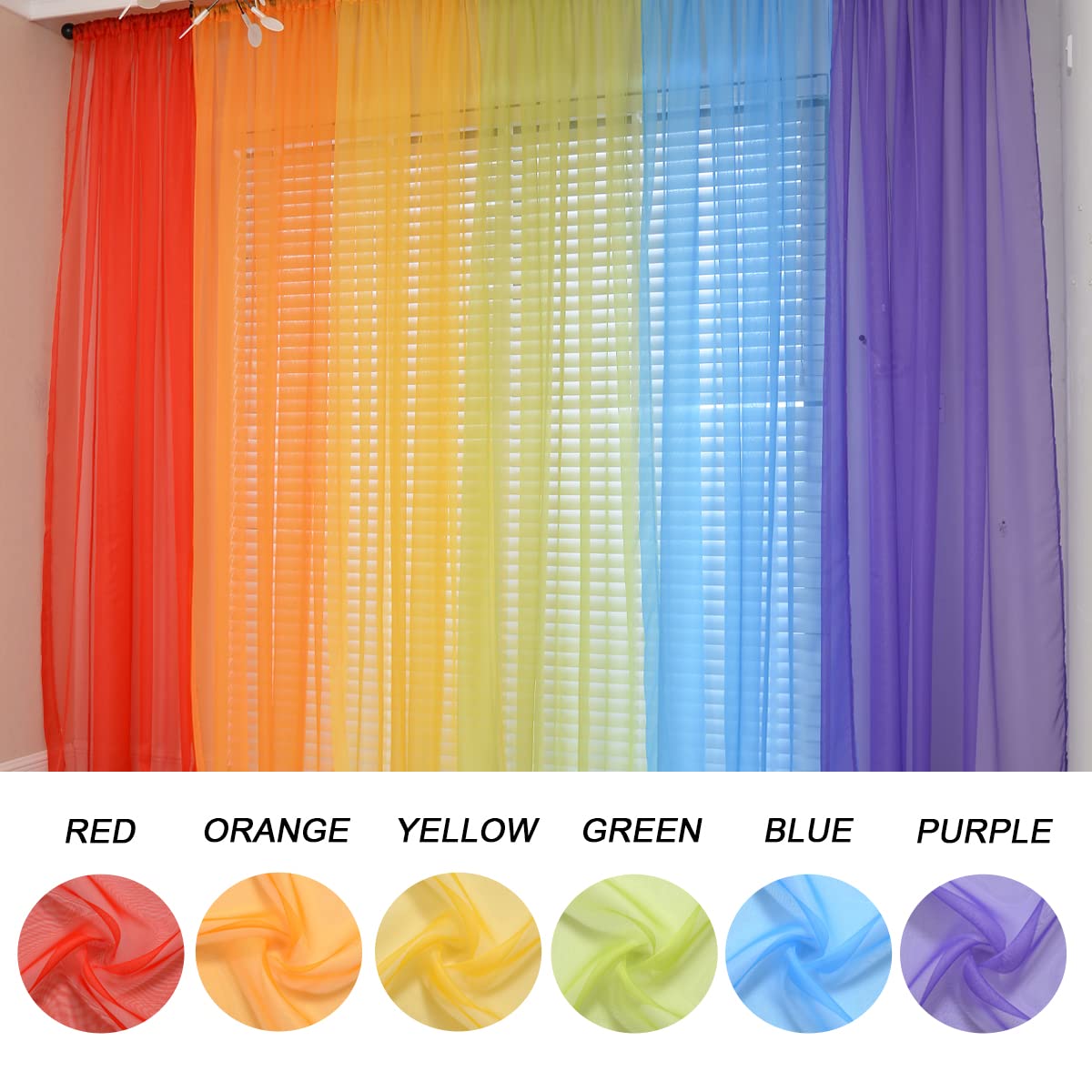 Yancorp 6 Panels Sheer Curtains Rainbow Window Decoration Voile Drapes 63 Inches Kids Girls Boys Party Favor Christmas Classroom
