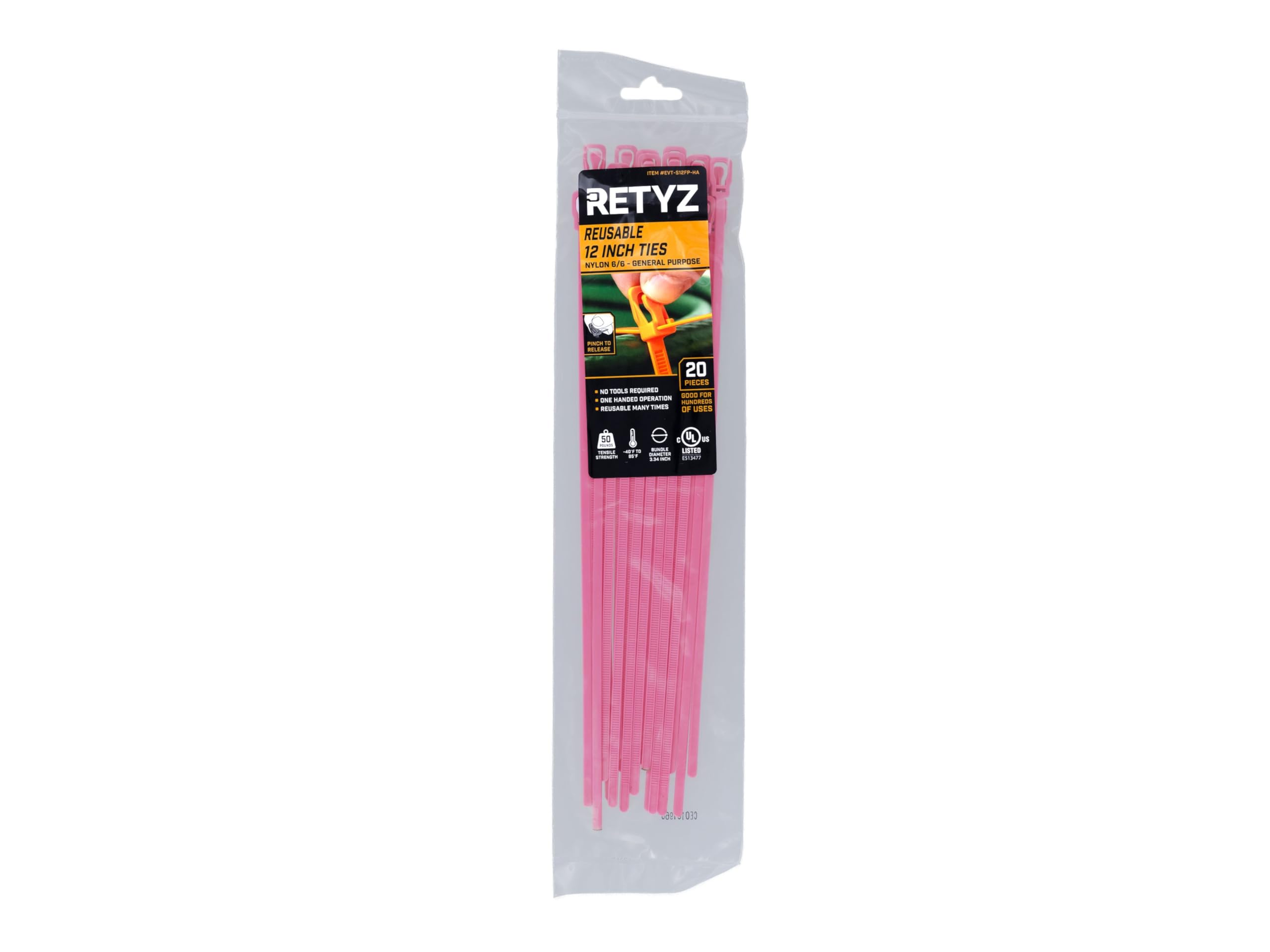 Retyz 12 Inch Fluorescent Pink Reusable Releasable Cable Ties   20 Pack, 50 Lb Strength, Patented Quick Release, Tool Free Desig