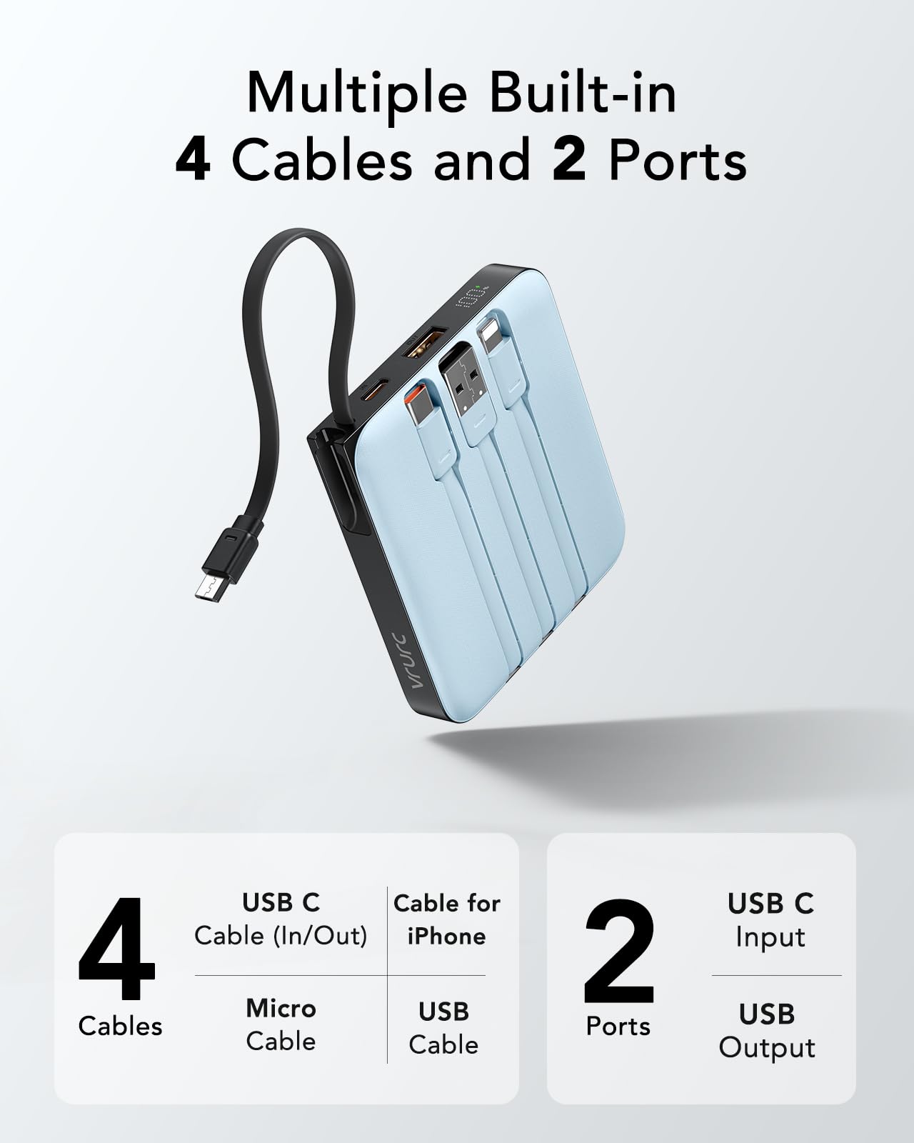 Vrurc Portable Charger For Iphone, Pd 20W Fast Charging, 10000Mah Power Bank & 4 Built In Cords, Battery Pack With Usb C For Iph