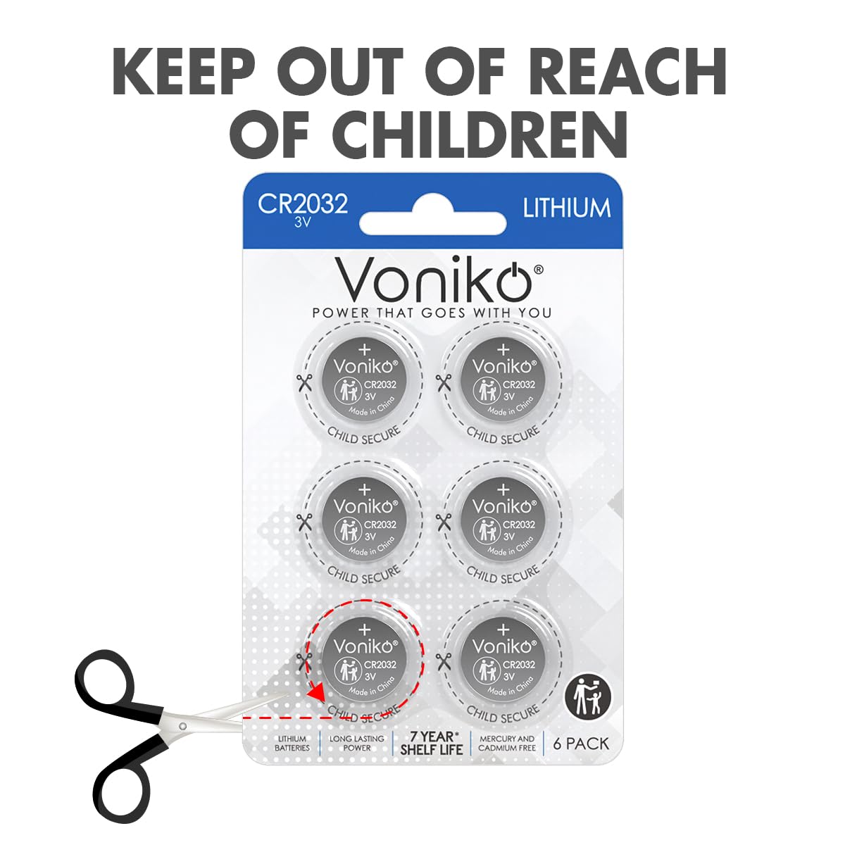 Voniko 3 Volt Cr2032 Battery 6 Pack - Lithium Batteries - 2032 Button Battery Flat - 7 Years Shelf Life