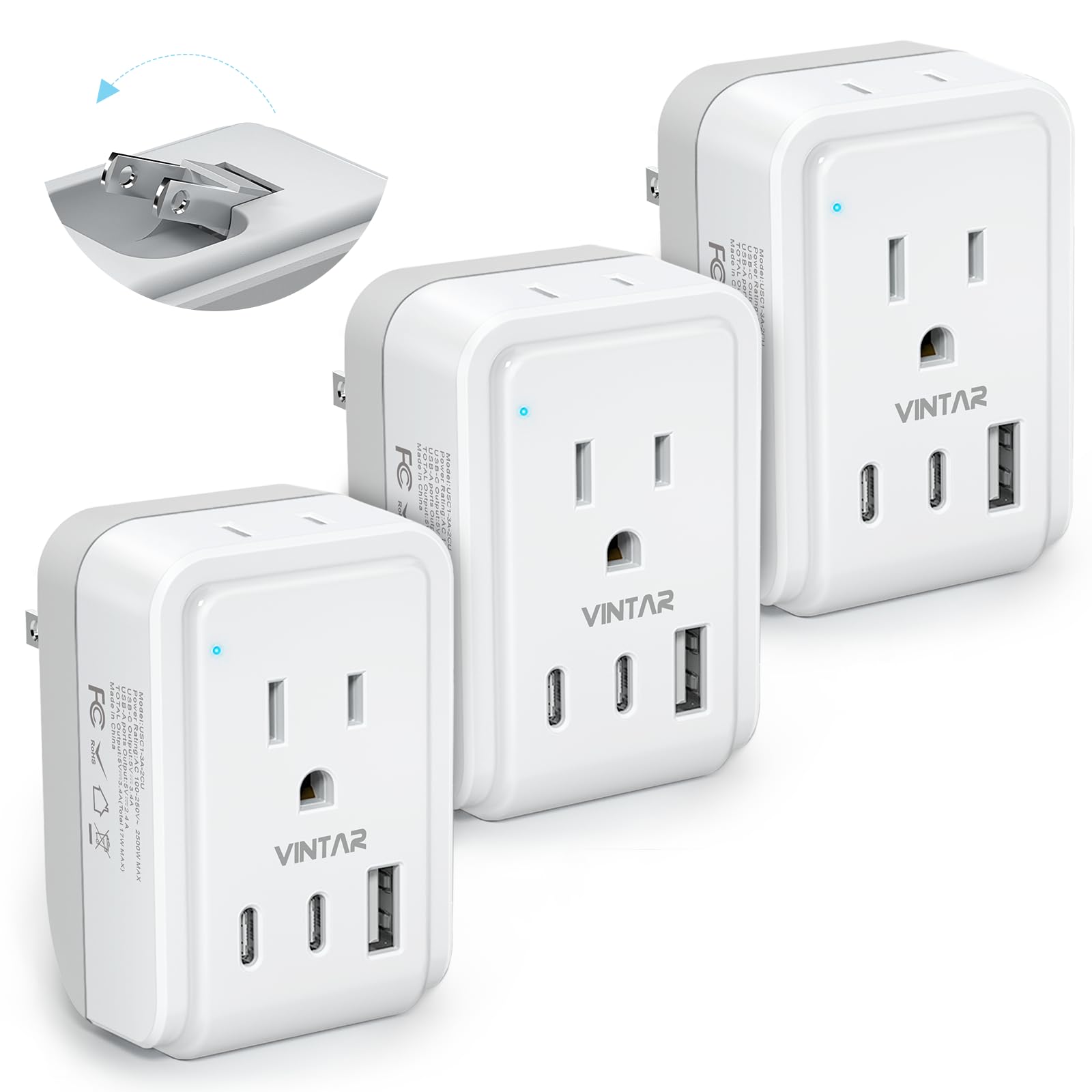 3 Pack Us To Japan Plug Adapter, Vintar Foldable Japan Travel Adapter With 2 Outlets And 3 Usb Ports(2 Usb C), 2 Prong To 3 Pron