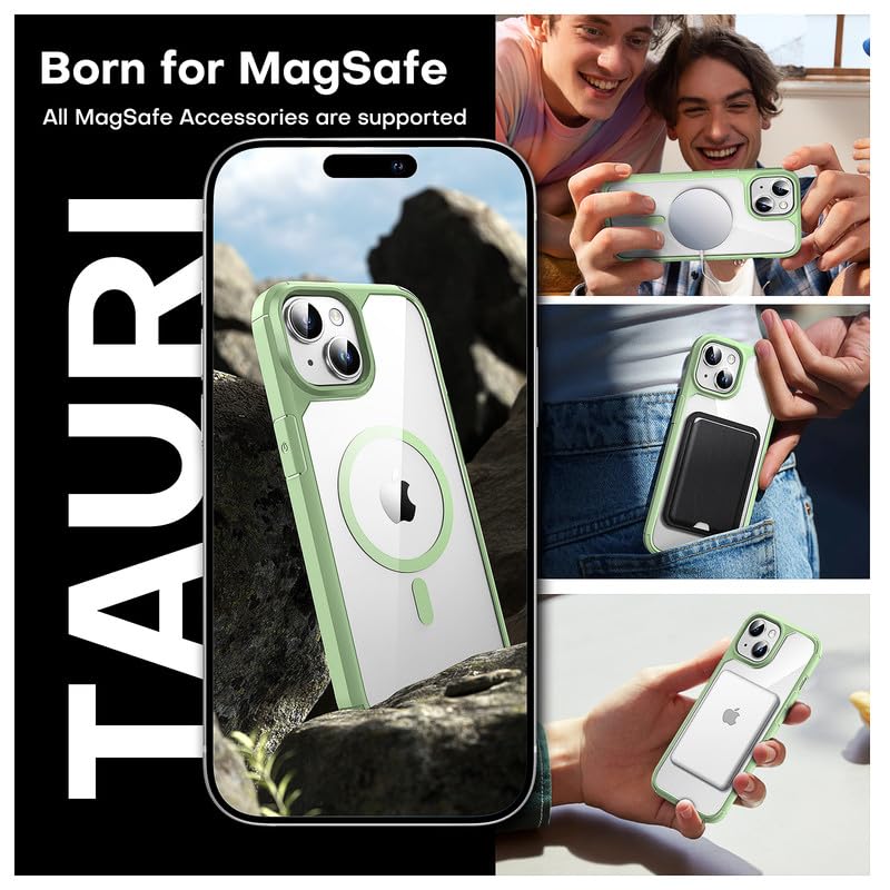 Tauri 3 In 1 Magnetic For Iphone 15 Case Green, [Compatible With Magsafe] [Not Yellowing] With 2X Screen Protector, Slim Shockpr