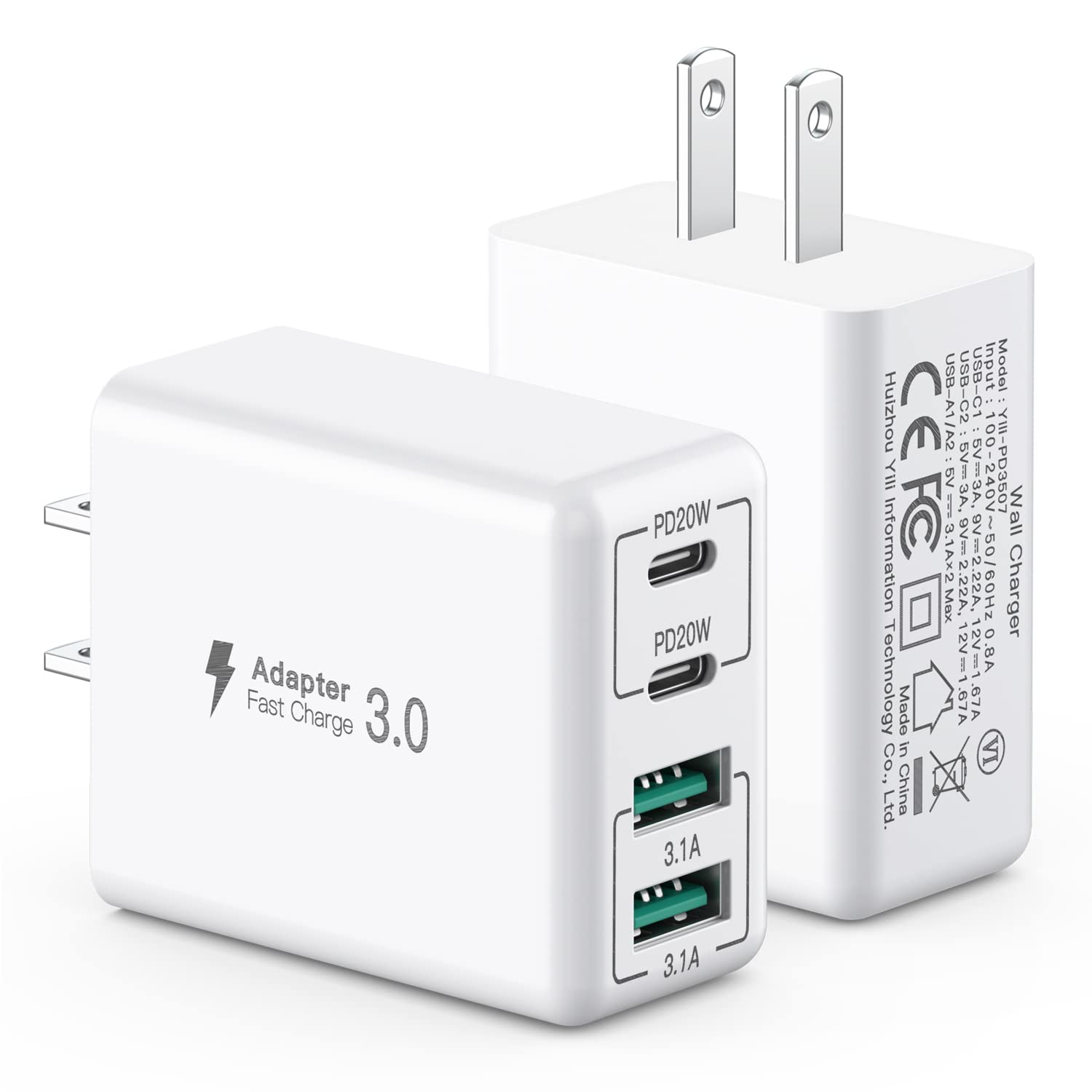 [2 Pack] USB C Wall Charger, 40W 4-Port USB C Charger Block,Fast Charging Block Dual Port PD+QC Wall Plug Multiport Type C Compa