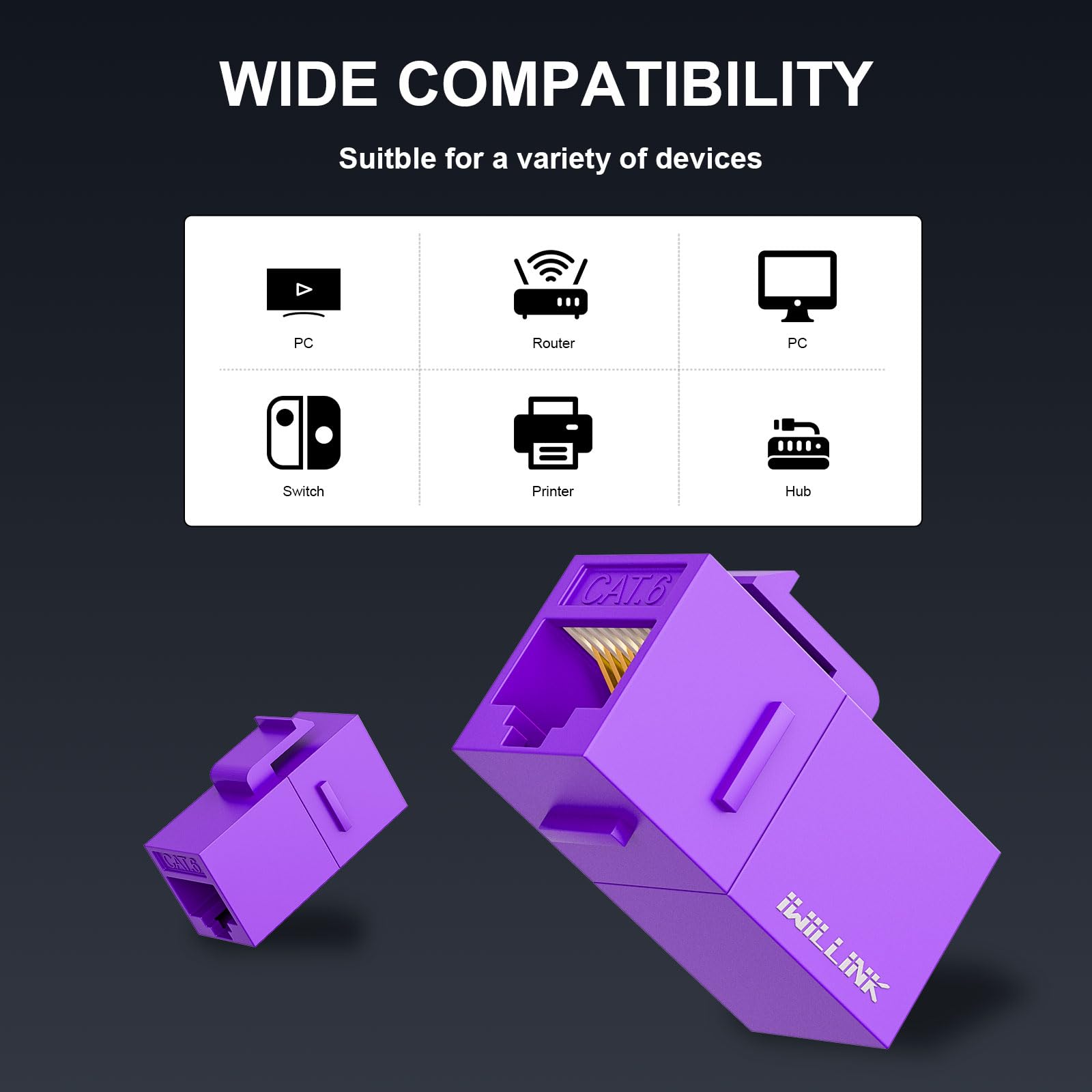 Iwillink Rj45 Cat6 Keystone Coupler 25 Pack, Female To Female Cat6 Keystone Jack, Utp Keystone Coupler Insert (Purple)