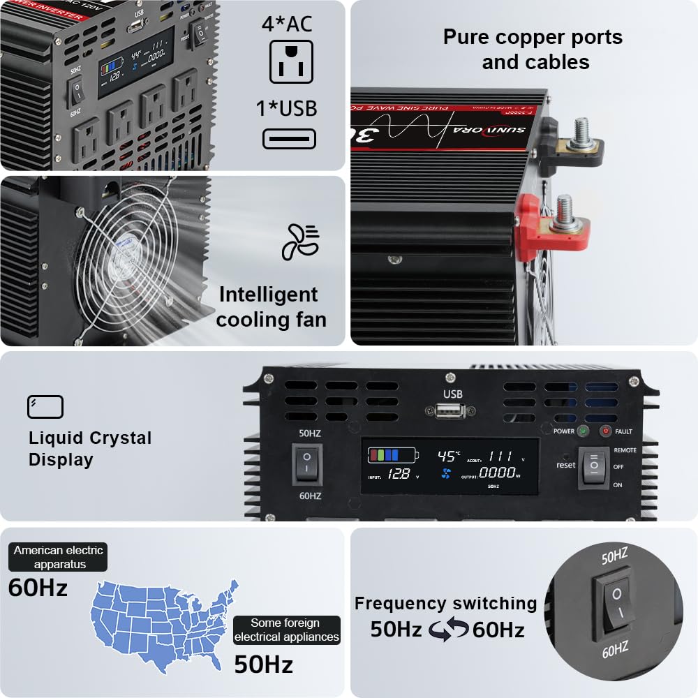 Sunivora 3000 Watt Pure Sine Wave Power Inverter With Lcd 12V Dc To 110V/120V Ac Peak Power 6000W Car Power Inverter With 4 Ac O