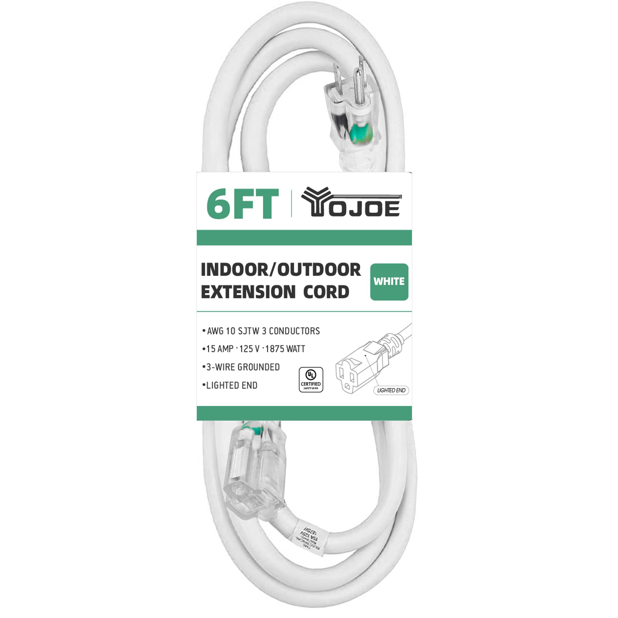 Yojoe Indoor Outdoor Extension Cord With Lighted End, 3 Prong 15A Weatherproof Power Extension Cord, 10 Gauge Heavy Duty 6 Ft Wh
