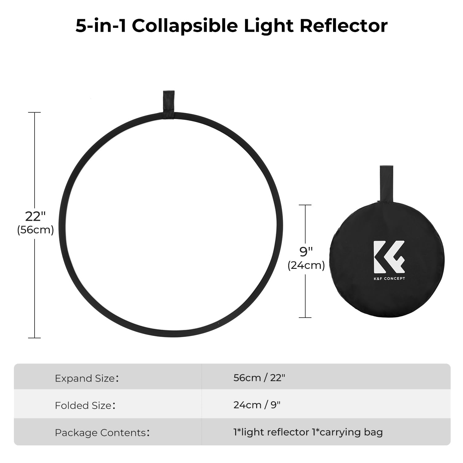 K&F Concept 5 In 1 Light Reflector 22'' (56Cm) Photography Diffuser Collapsible Portable For Studio And Outdoor Lighting Gold Si