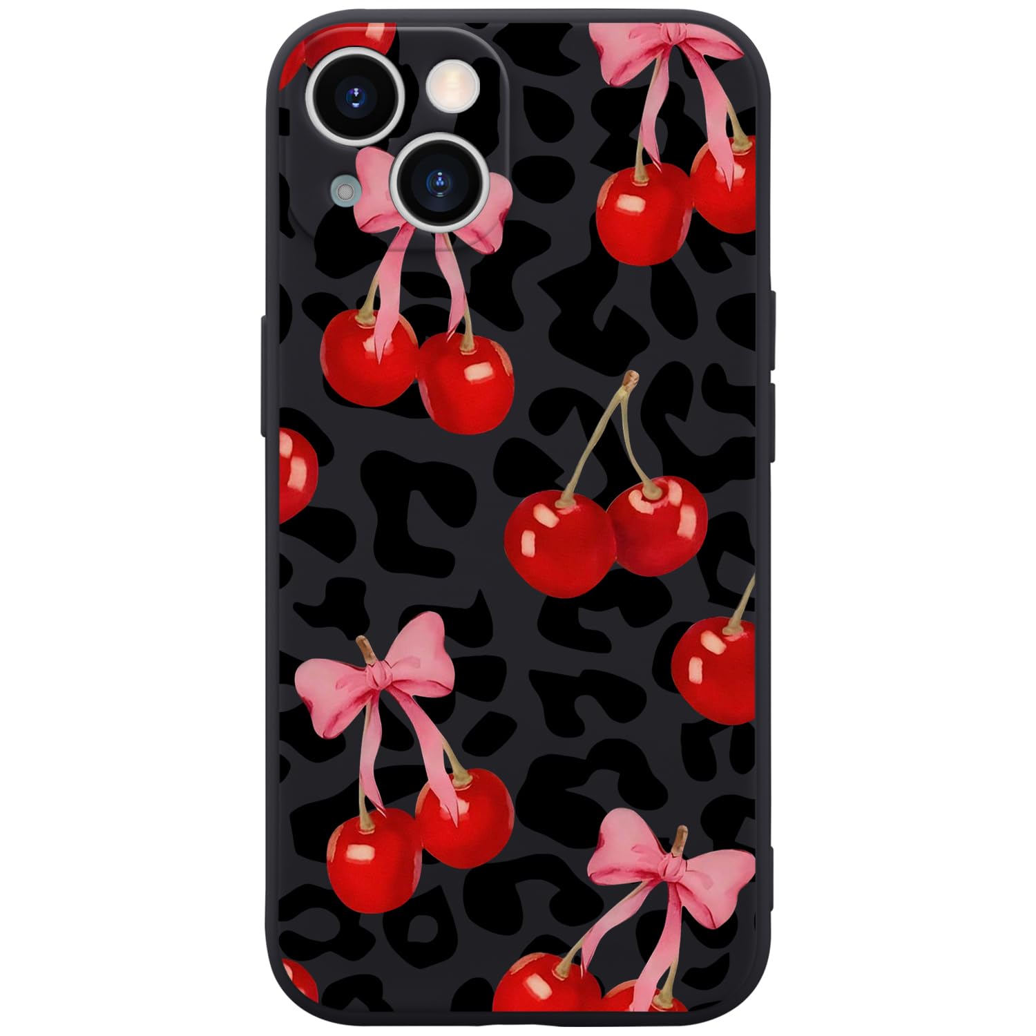 Wihytec Cherry & Leopard Black Phone Case Cover for iPhone 15 Black Leopard & Cherry Case Cover Liquid Silicone Soft Gel Rubber 