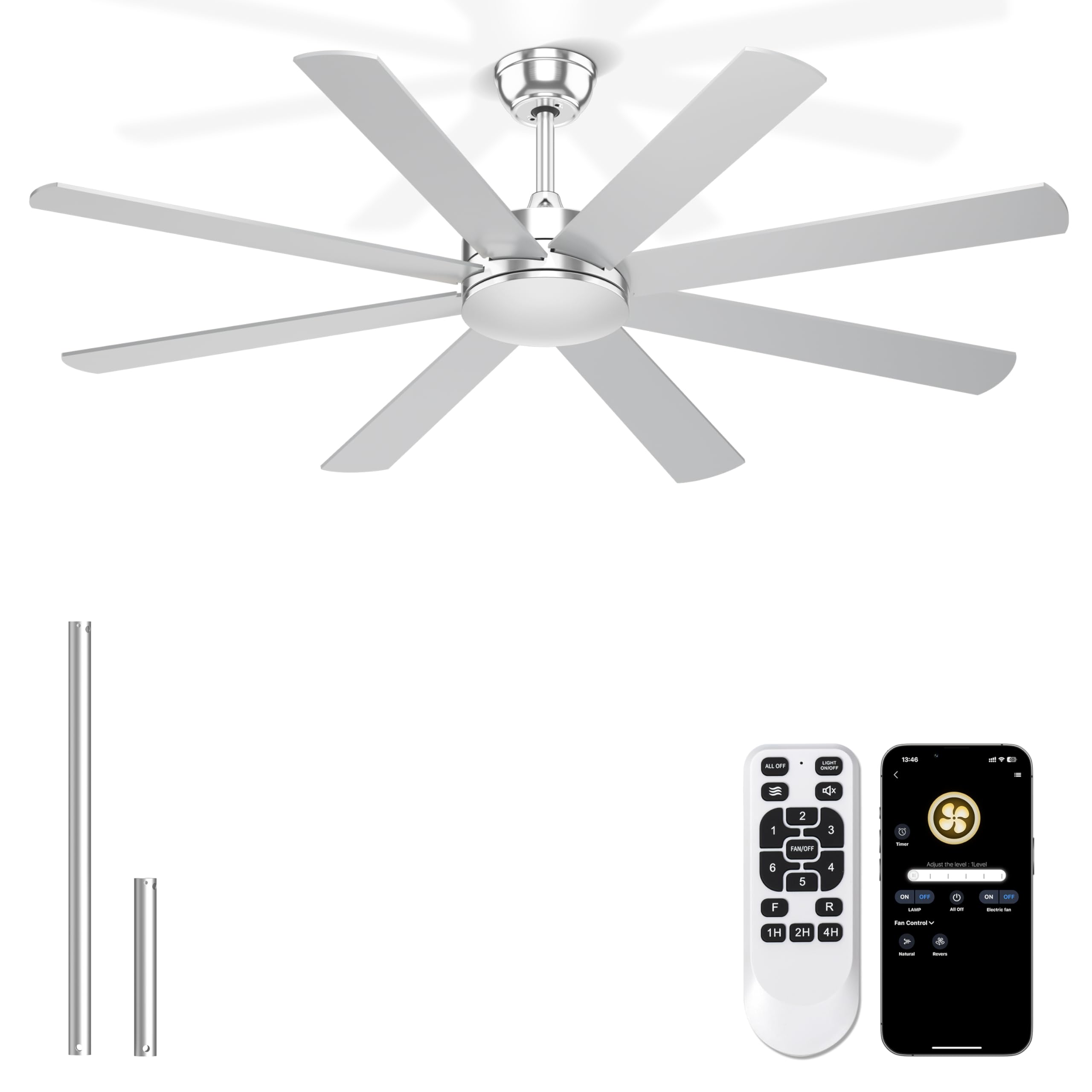 Phylluz 60 Silver Ceiling Fans With No Lights - 8 Blades Ceiling Fan Remote/APP Control, Silent Garage Ceiling Fan for Indoor/