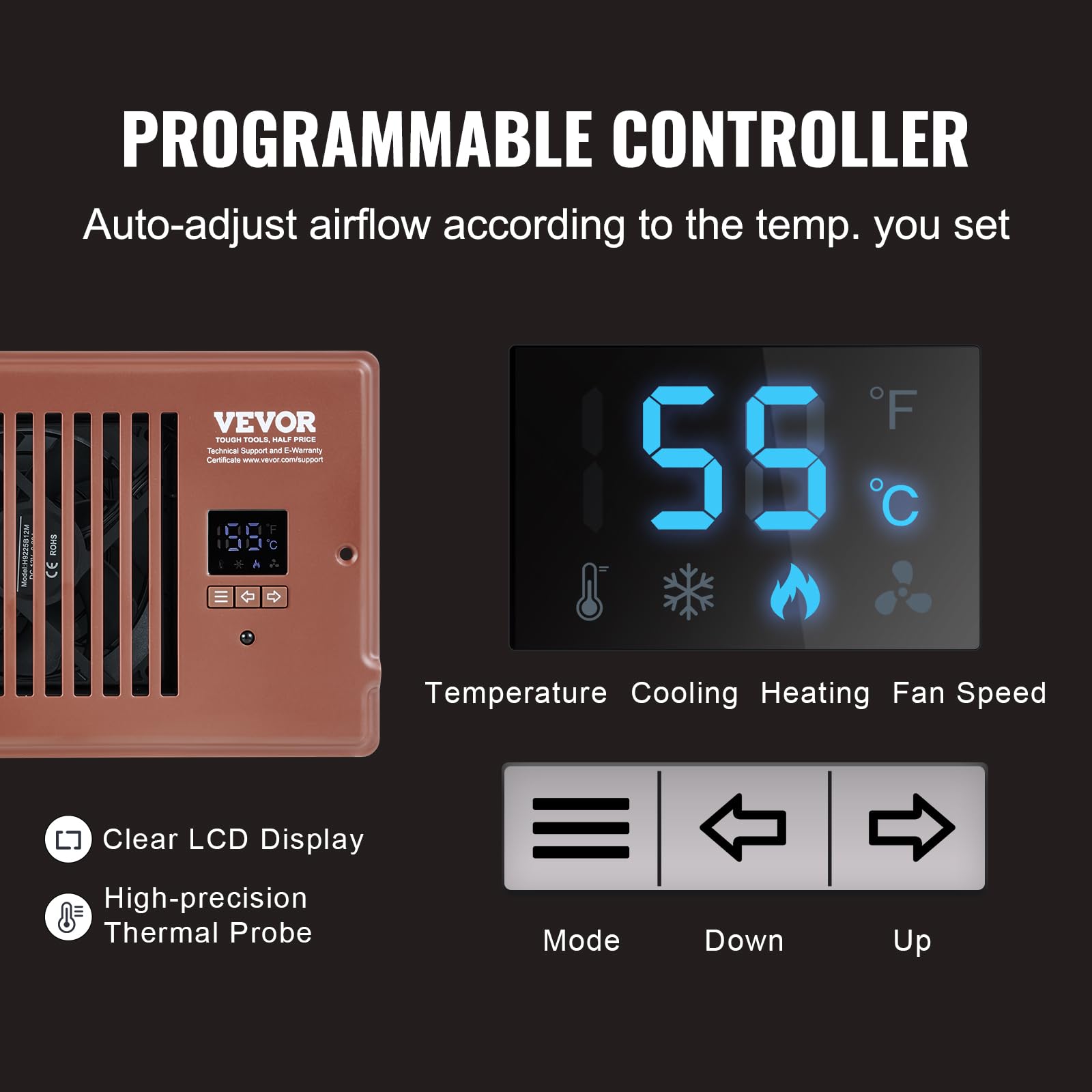 Vevor Register Booster Fan, Quiet Vent Booster Fan Fits 4    X 10    Register Holes, With Remote Control And Thermostat Control,