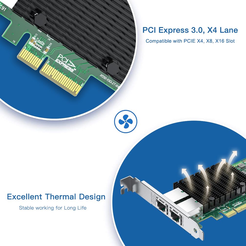 10Gb Rj45 Pci E Network Card Nic, Compare To Intel X550 T2, With Intel X550 At2 Chip, Dual Rj45 Ports, Pci Express 3.0 X4, Ether
