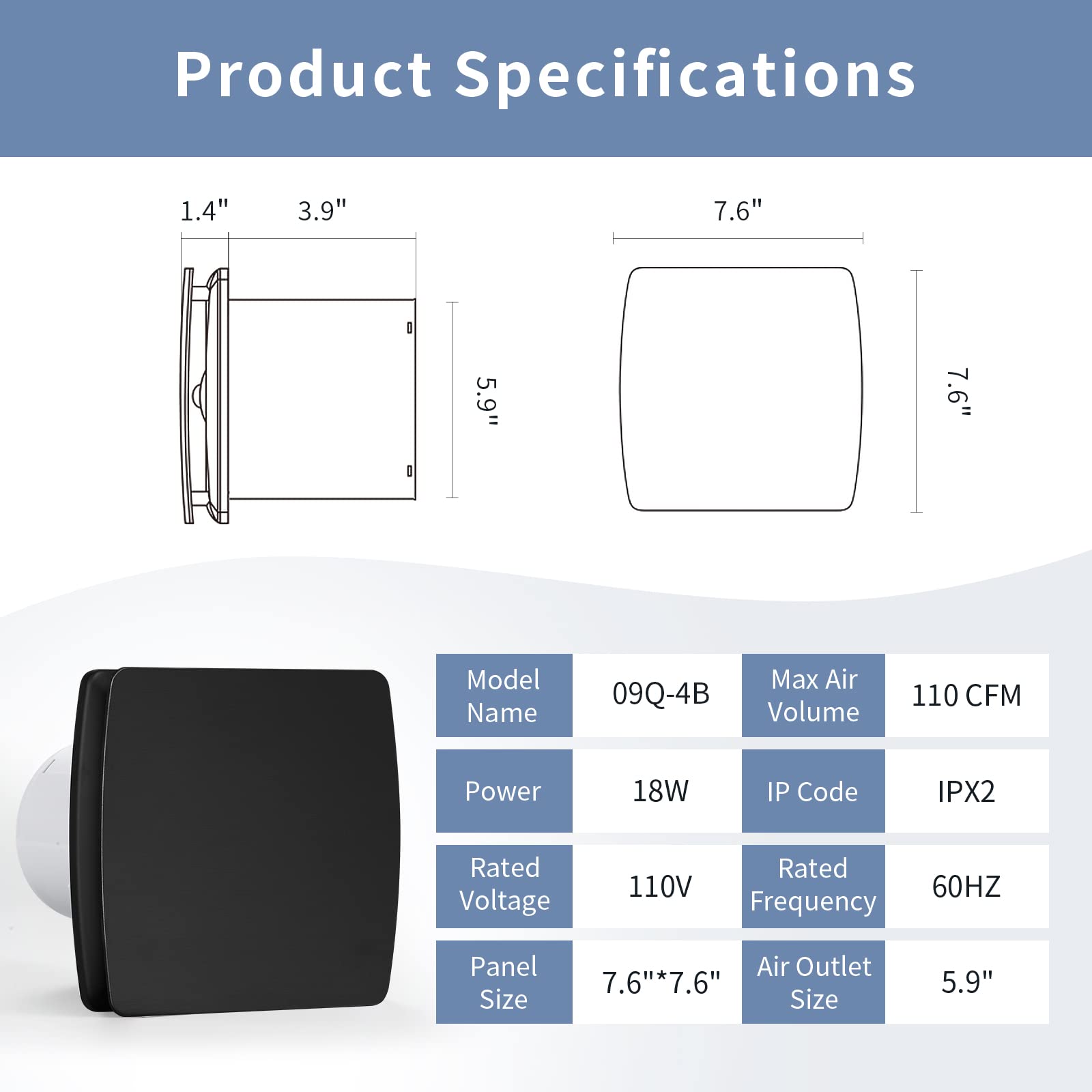 Zeyzer Black Bathroom Fan 110 Cfm 1.0 Sone 5.9'' Duct Square Ceiling Or Wall Mount Ventilation Exhaust Fan For Bathroom/Corridor