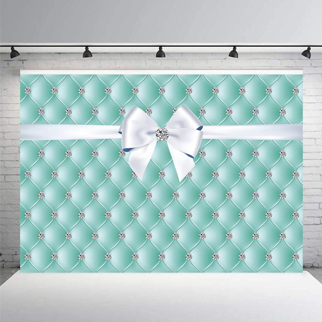Riyidecor Blue Breakfast Decorations Backdrop Diamonds Bowknot Teal Sweet Birthday Party Banner Background 8X6 Feet Turquoise Girls Women Dessert Table Photography Wedding Props Video Studio Props