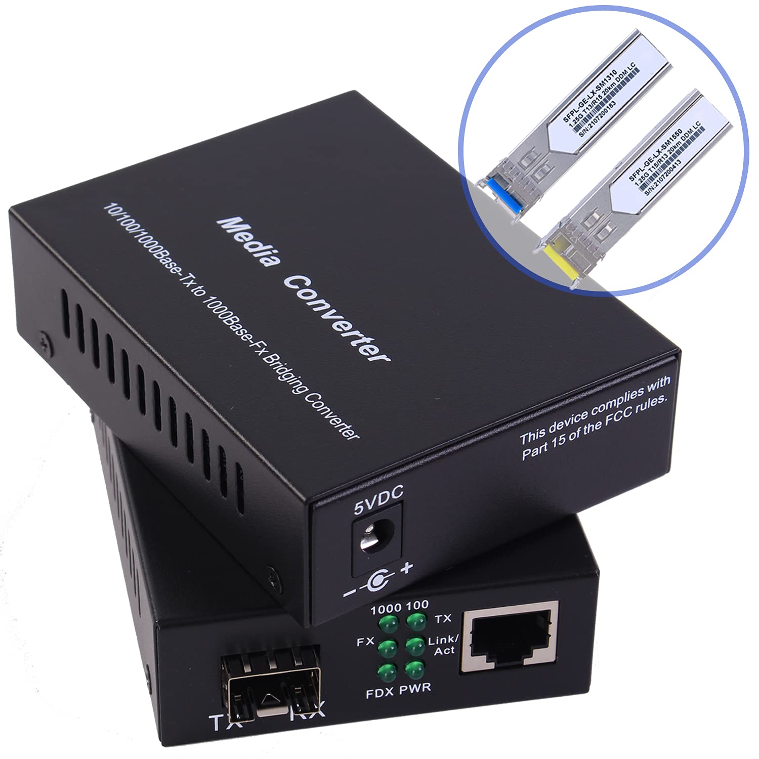 A Pair Of 1.25G Gigabit Ethernet Fiber Media Converters With Sfp Lc Single Core Transceiver Module, Single Mode Lc, Smf Rj45 To
