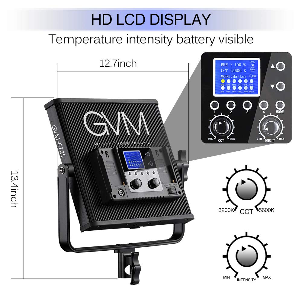 Led Video Light Gvm 672S Cri97+ Tlci97+ 22000Lux Dimmable Bi Color 3200K 5600K Light Panel With Digital Display For Outdoor Inte