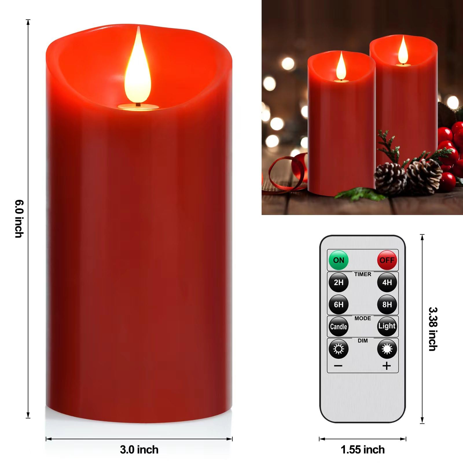 Minxin Flameless Battery Operated Flicking Candles:Remote Control Realistic Wax Pillar Led Candle With 10 Key Cycling 24 Hours T