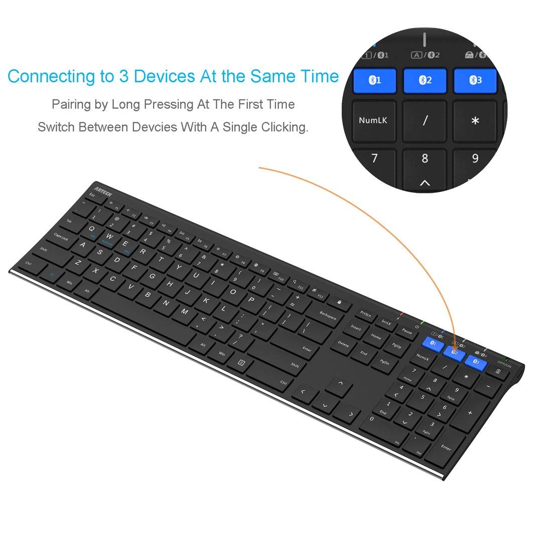 Arteck Hb192 Universal Bluetooth Keyboard Multi Device Stainless Steel Full Size Wireless Keyboard For Windows Ios Android Compu