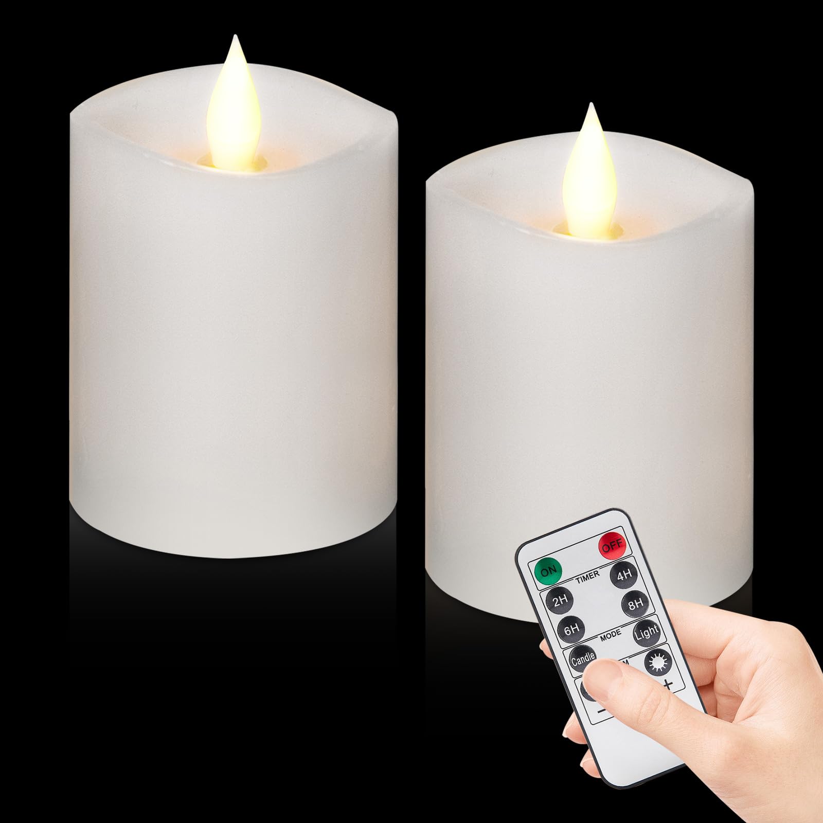Woocodowe 3x4 Flickering Flameless Battery Candles with Timer, White Realistic LED Pillar Candles, Set of 2 Large Remote-Operate