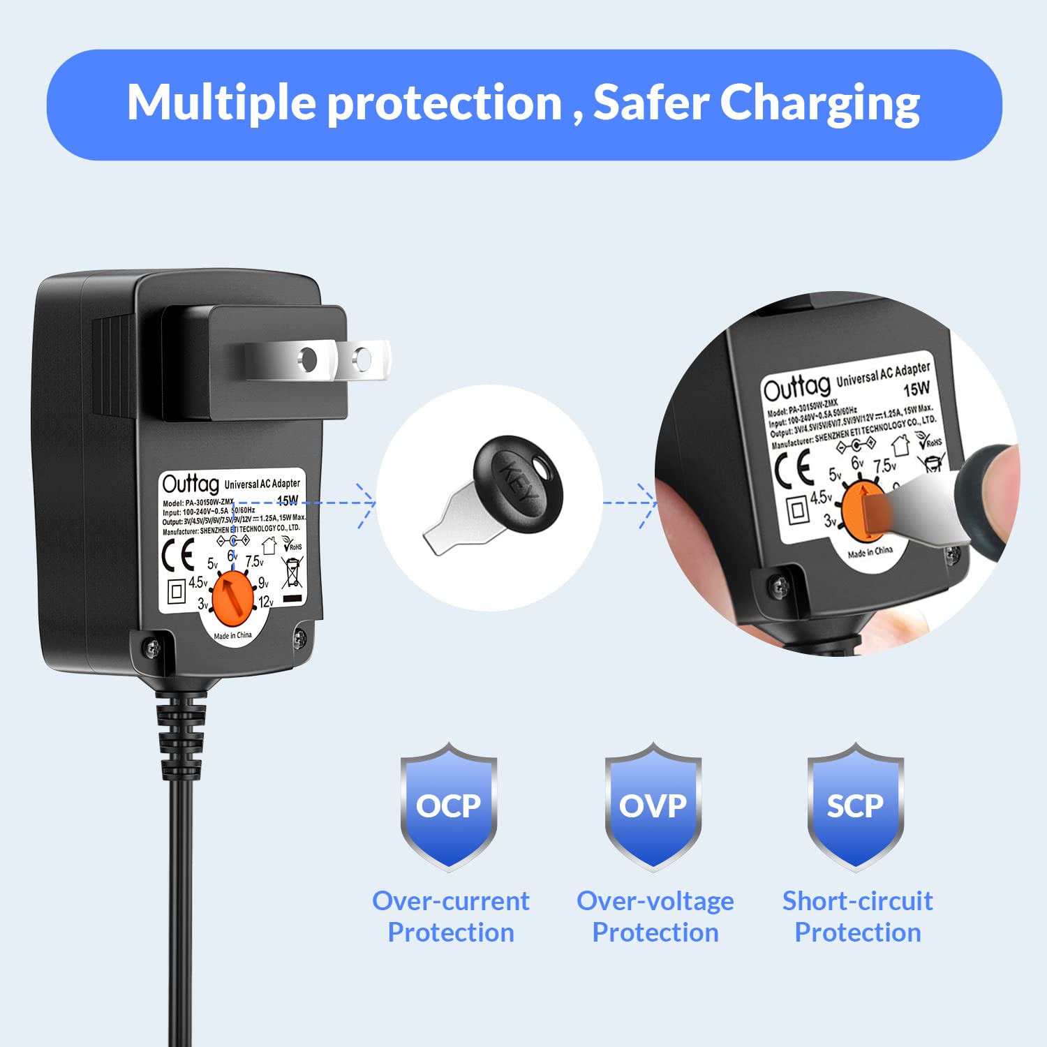 15W Universal Ac Adapter 3V 4.5V 5V 6V 7.5V 9V 12V 0.5A 1A 1.25A Max Multi Voltage Switching Power Supply Replacement For Househ