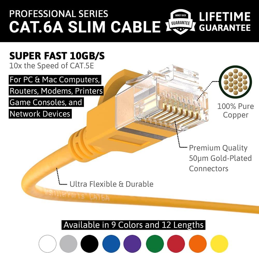 Installerparts Ethernet Cable Cat6A Slim Cable Utp Booted 1.5 Ft   Yellow   Professional Series   10Gigabit/Sec Network/High Spe
