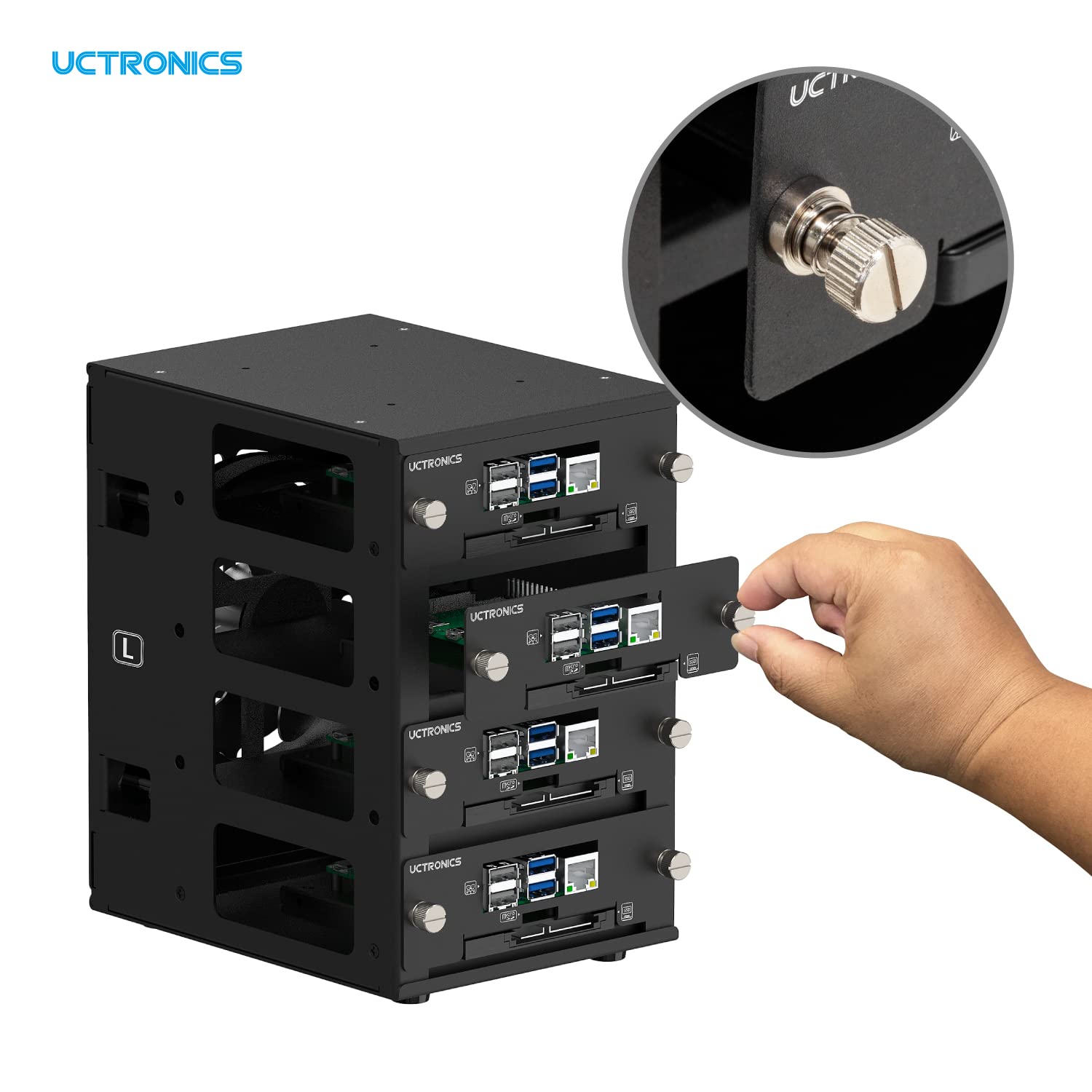 Uctronics Desktop Cluster Enclosure For Raspberry Pi, Up To 4 Pis And 2.5'' Ssd, Front Removable Trays, 12Cm Led Cooling Fan For
