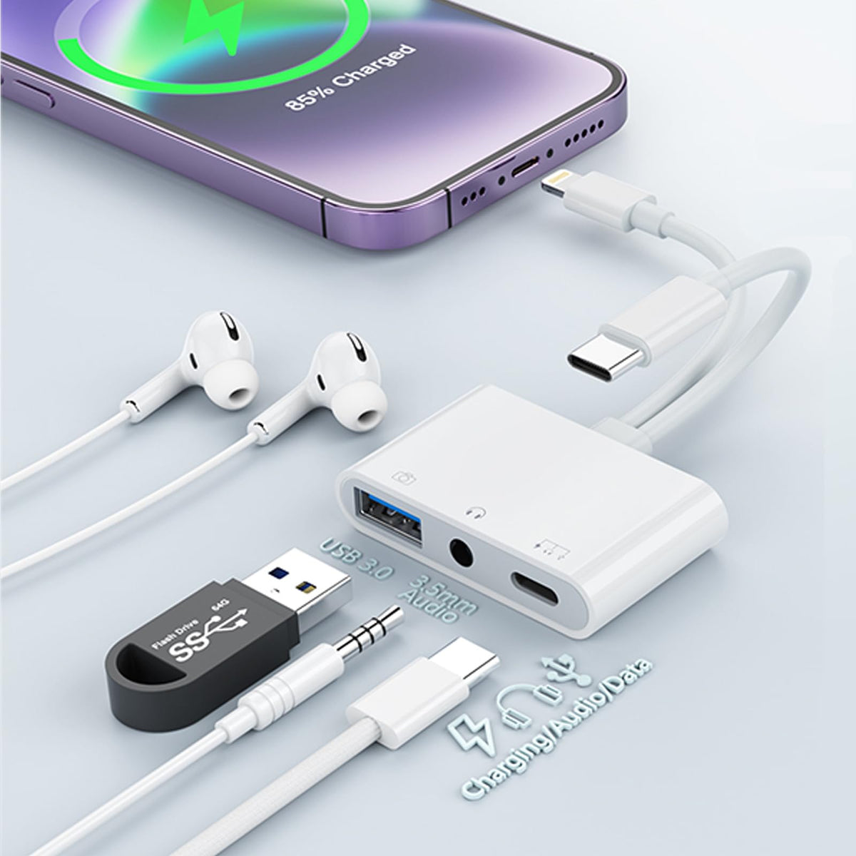 Usb C Lightning To Usb Camera Adapter With Charging Port [Mfi Certified] Usb C To Usb Otg Adapter With Usb+Usb C Charging+3.5Mm Headphone For Iphone 15/Iphone/Ipad To Usb Flash Drive Reader/Keyboard