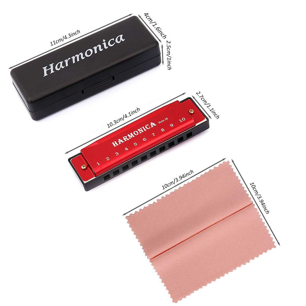 Yoksas 4Pcs Harmonicas Set C Key 10 Hole With Case Cleaning Cloth For Adults Beginner Students Kids(Green,Red,Blue,Purple)