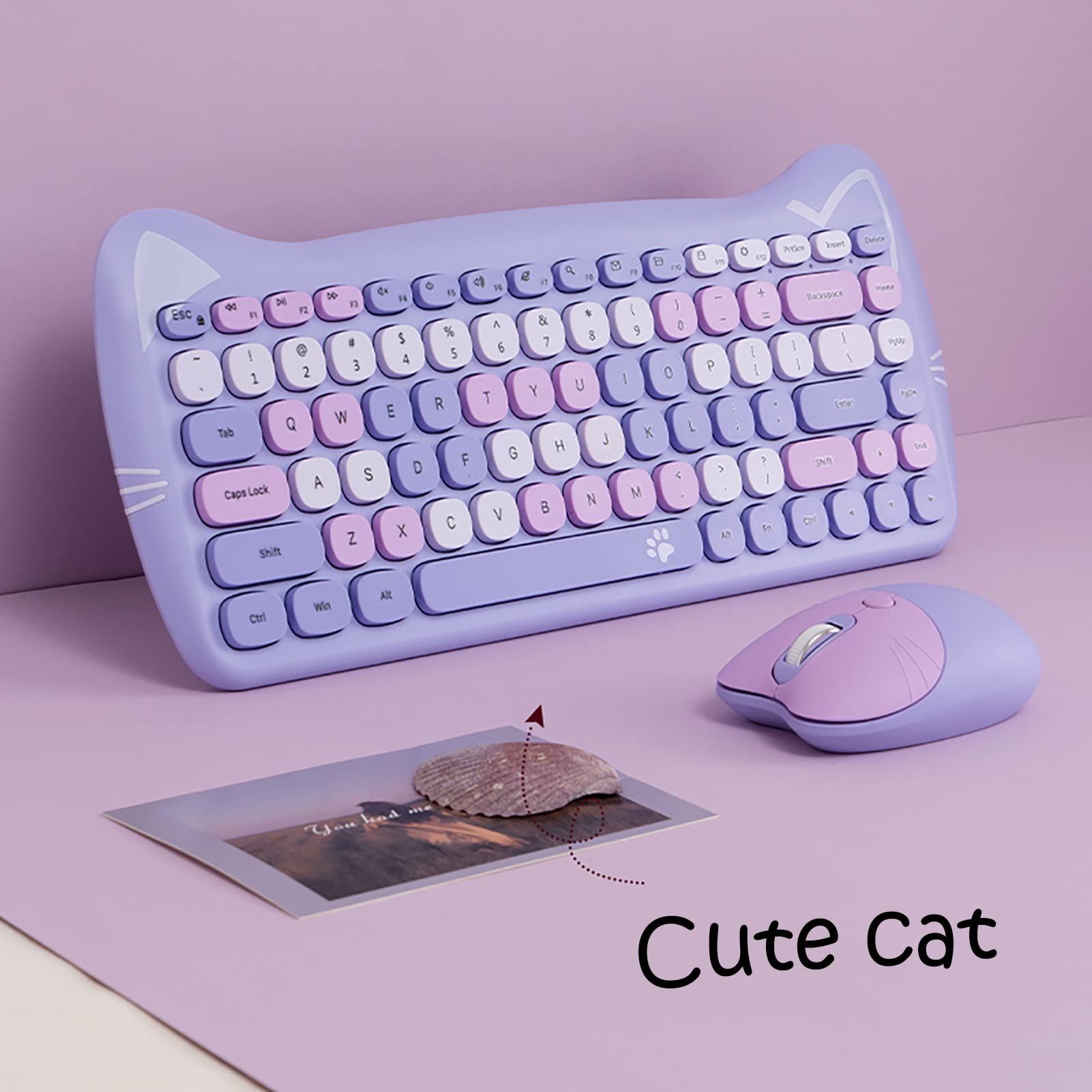 Cute Cat 2.4G Usb Wireless Keyboard And Mouse Combo, Silent Keys, Candy Colors, Compatible With Notebook, Pc (Purple 84Keys)