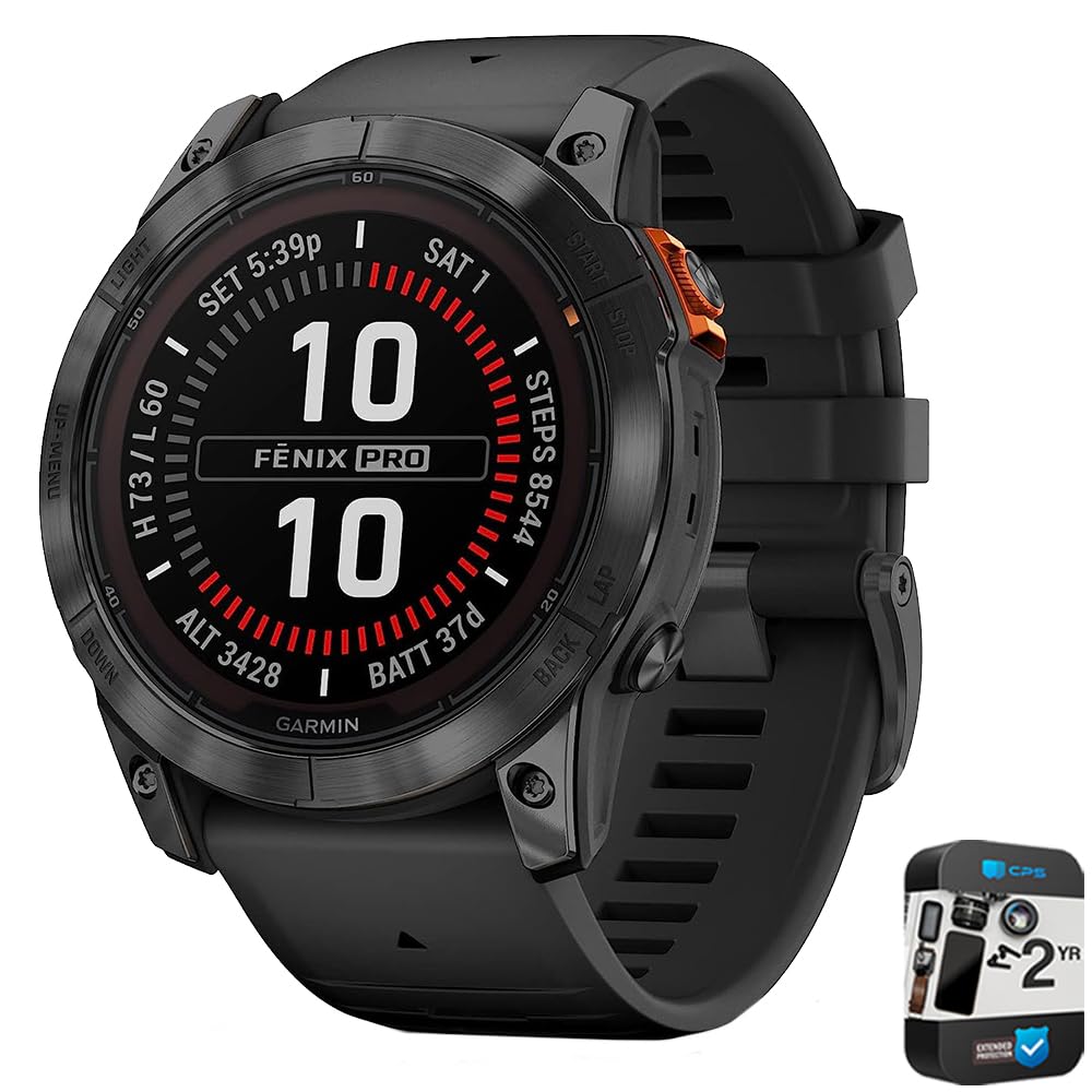Garmin Fenix 7X Pro Solar, Glass, Slate Gray Steel, Black Bundle with 2 Year Enhanced Protection Pack