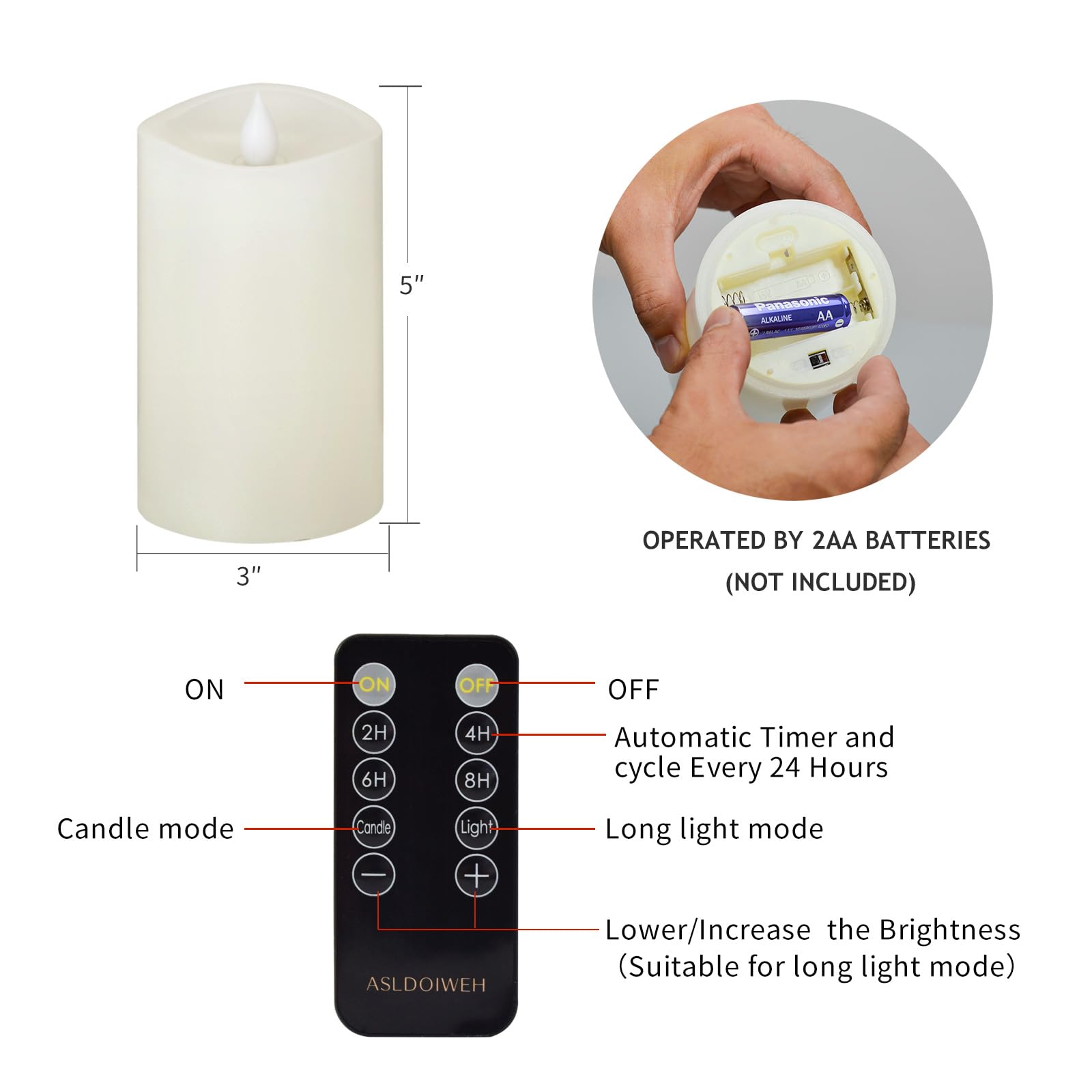Asldoiweh 3 X 5 Flameless Candles Set Of 1, 2Aa Battery Life 600 Hours Battery Candles Flickering With Timer, 5 Inch Flameless C
