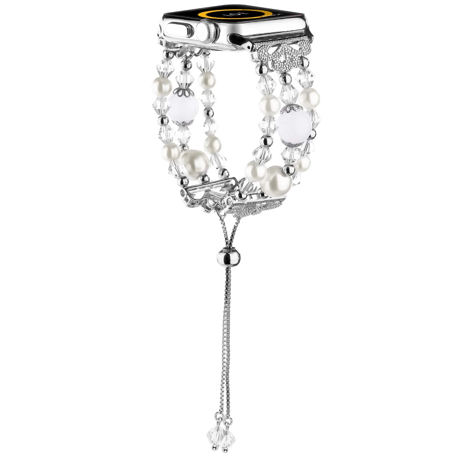 Fohuas Compatible For Apple Watch Band Women 38Mm 40Mm 41Mm, Adjustable Crystal Beaded Pearl Bling Iwatch Bracelet Bangle Clear