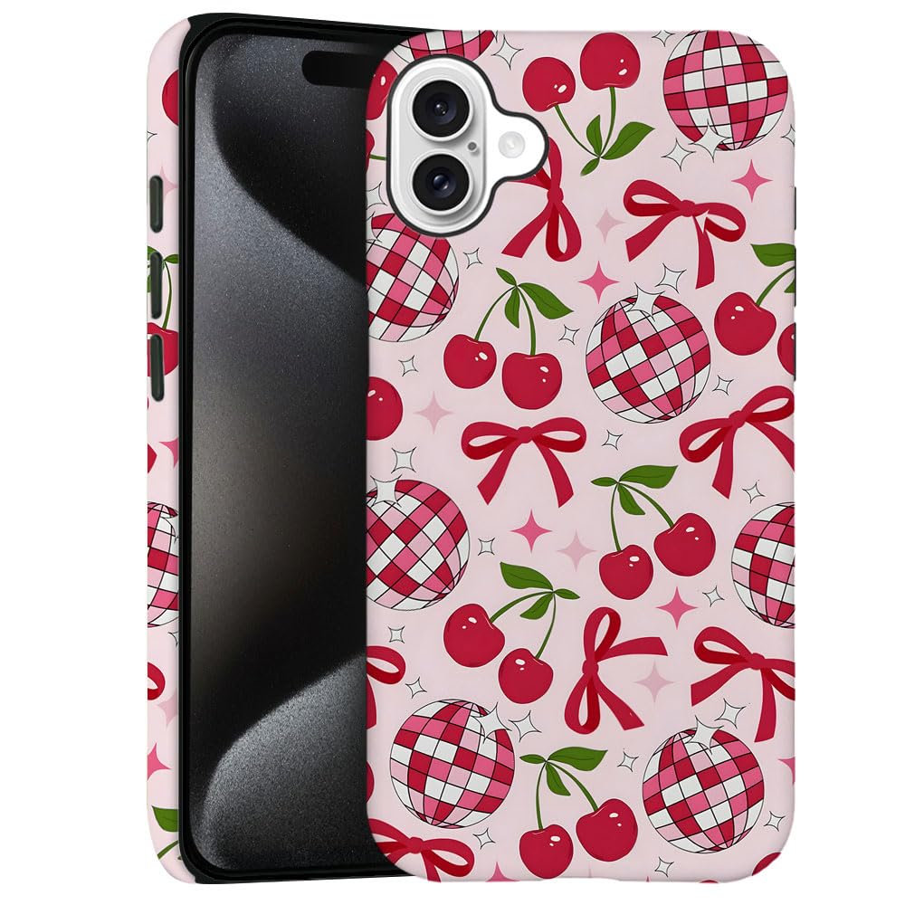 Generic Case for iPhone 16 Plus - [Drop Protection Phone Cover] - Hybrid Case for Girl Women - Disco Bow Cherry Ball Ribbon